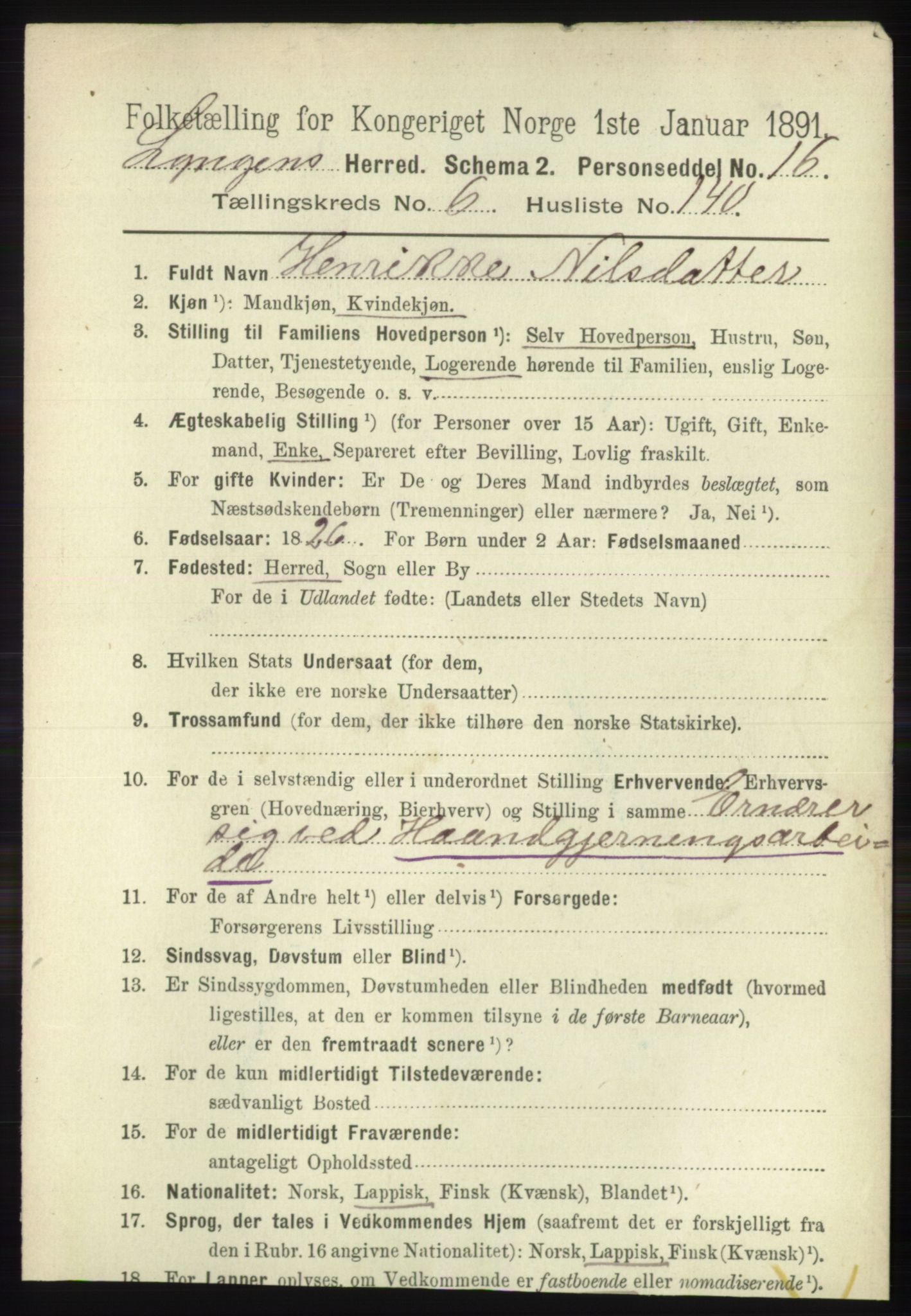 RA, 1891 census for 1938 Lyngen, 1891, p. 6245