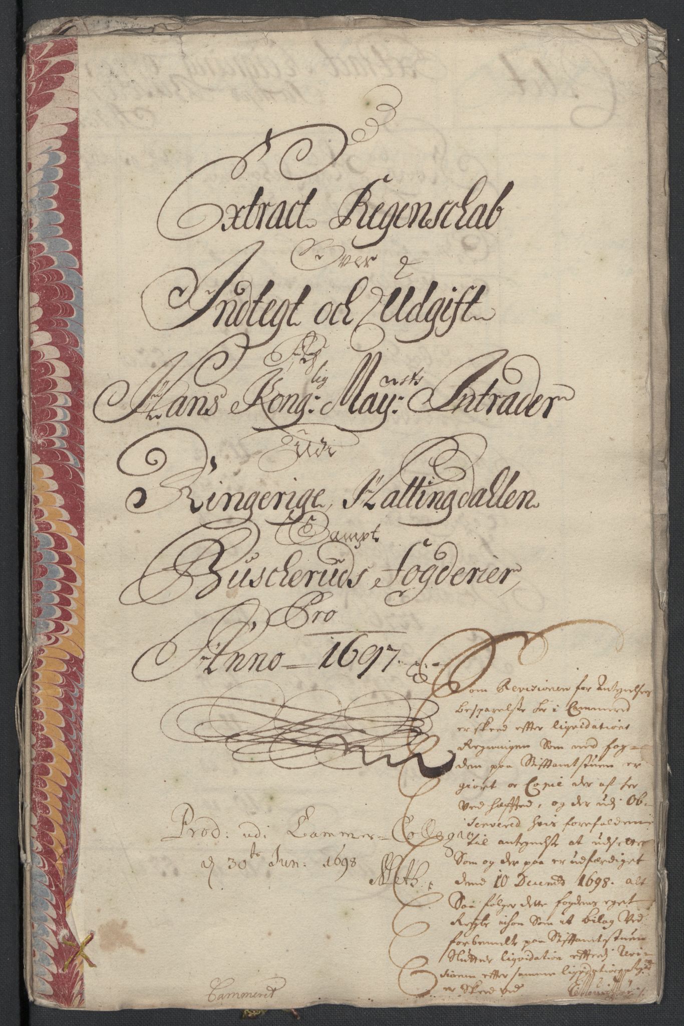 Rentekammeret inntil 1814, Reviderte regnskaper, Fogderegnskap, RA/EA-4092/R22/L1454: Fogderegnskap Ringerike, Hallingdal og Buskerud, 1697, p. 3