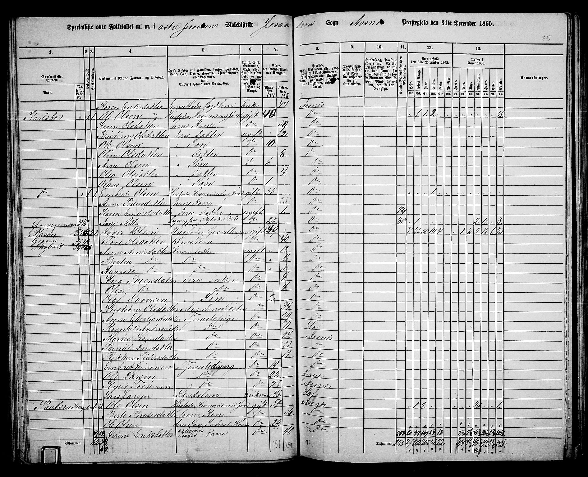 RA, 1865 census for Åsnes, 1865, p. 61