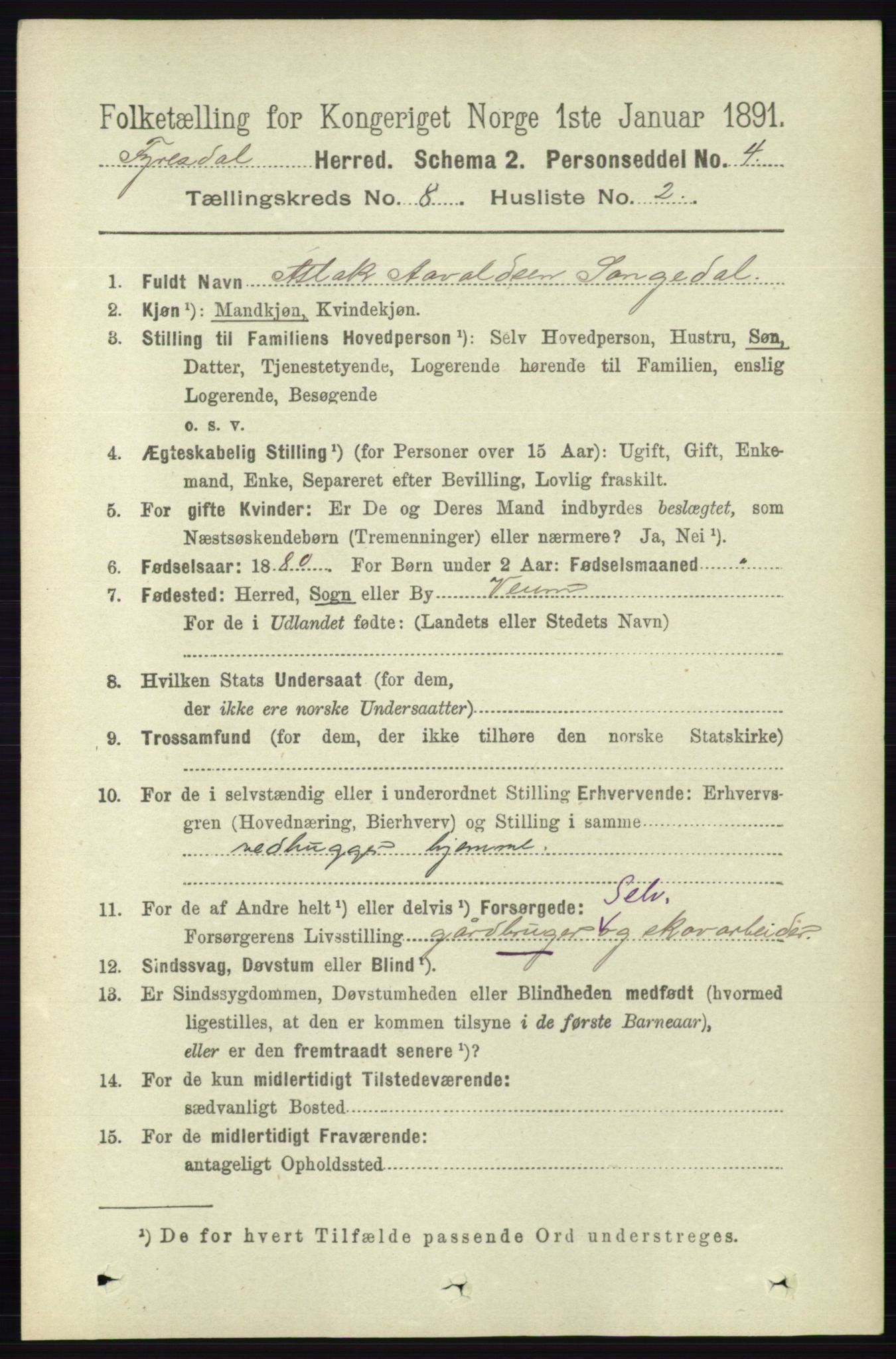 RA, 1891 census for 0831 Fyresdal, 1891, p. 2182