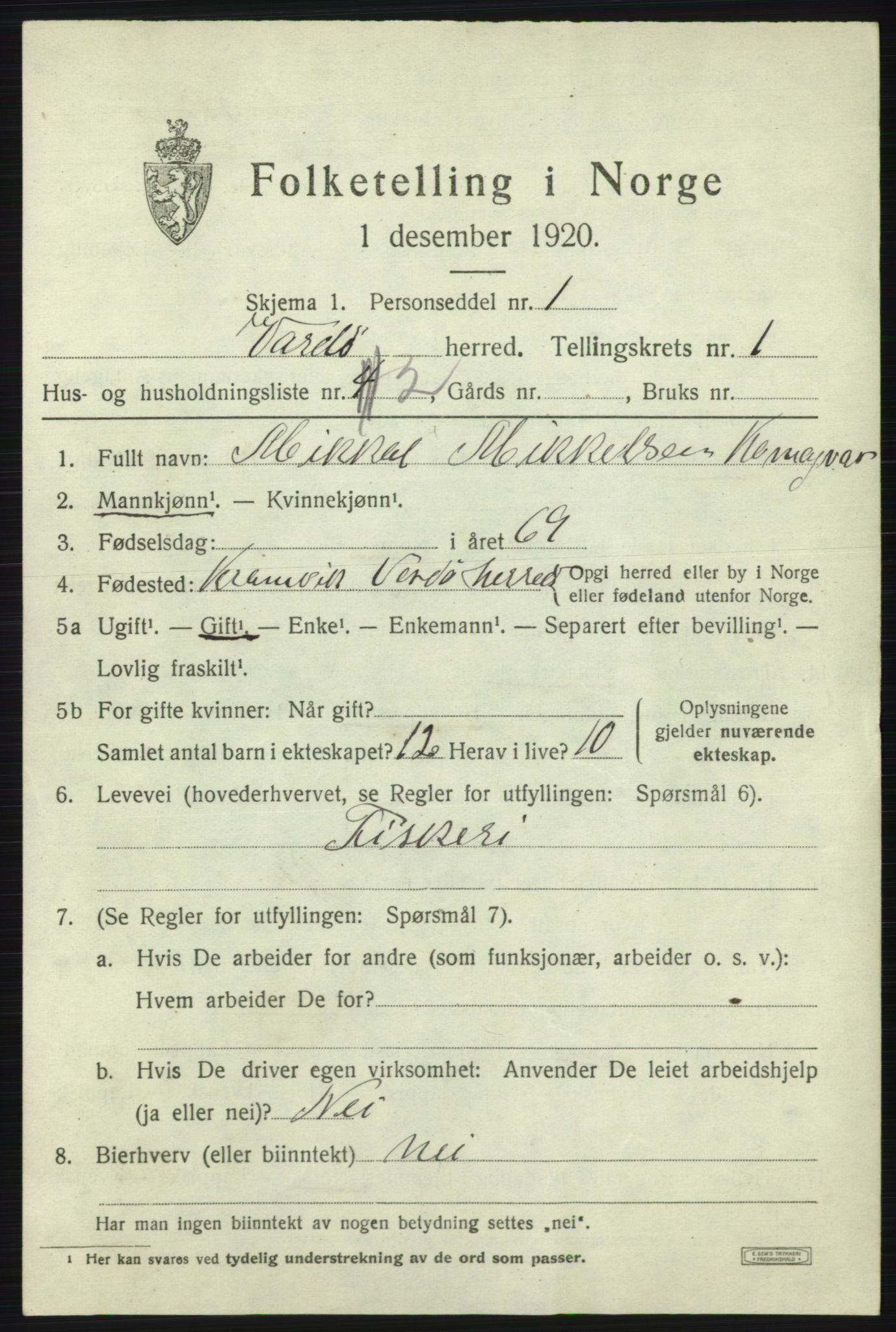 SATØ, 1920 census for Vardø rural district, 1920, p. 584