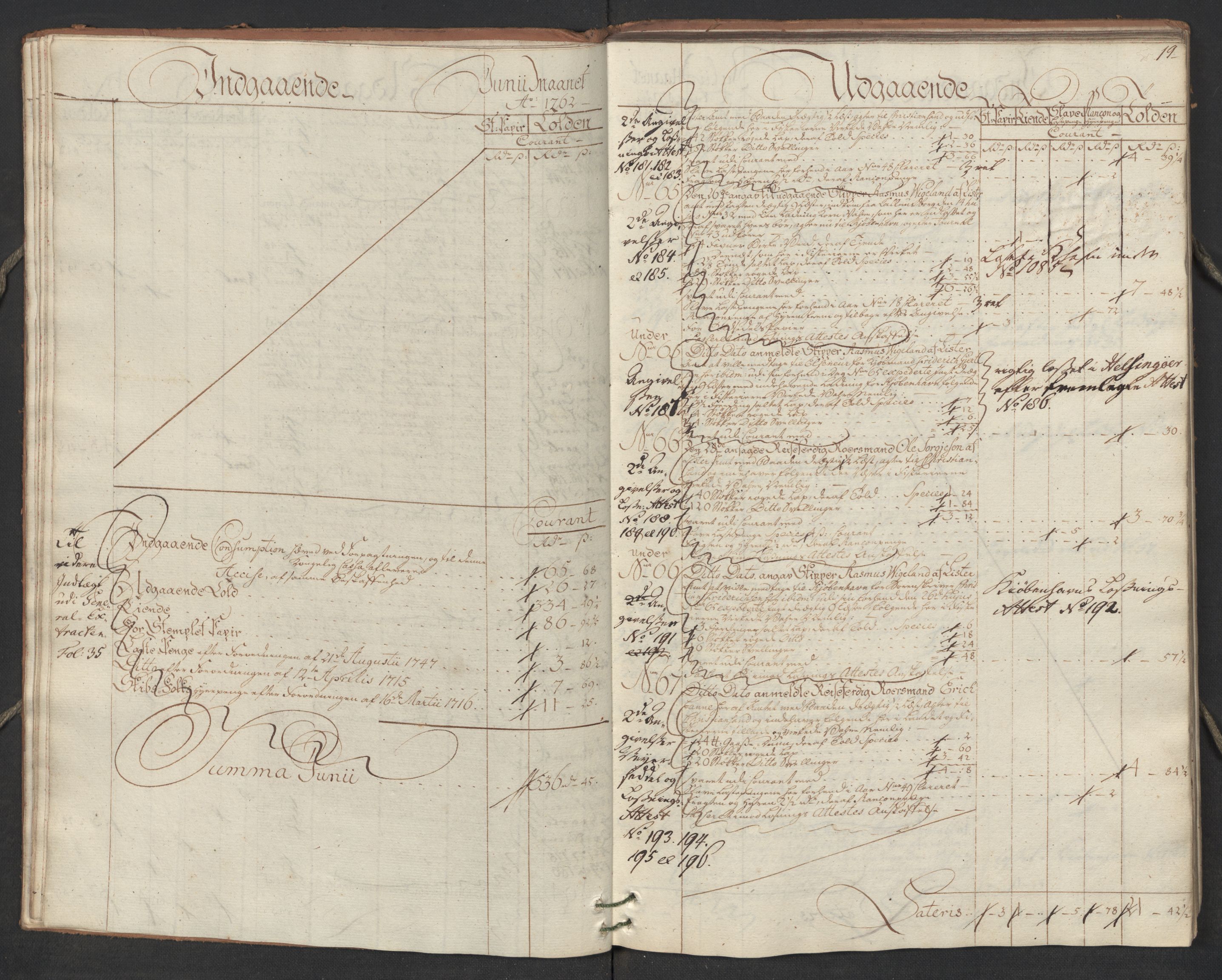 Generaltollkammeret, tollregnskaper, AV/RA-EA-5490/R17/L0023/0005: Tollregnskaper Mandal / Utgående hovedtollbok, 1762, p. 18b-19a