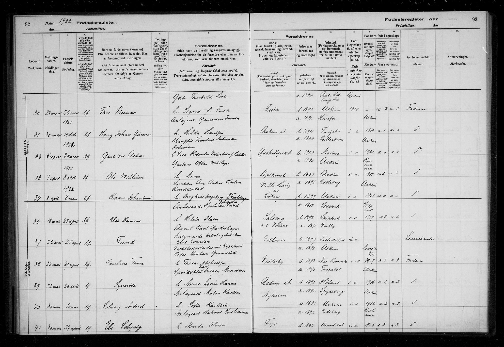 Askim prestekontor Kirkebøker, AV/SAO-A-10900/J/Ja/L0001: Birth register no. 1, 1916-1929, p. 92