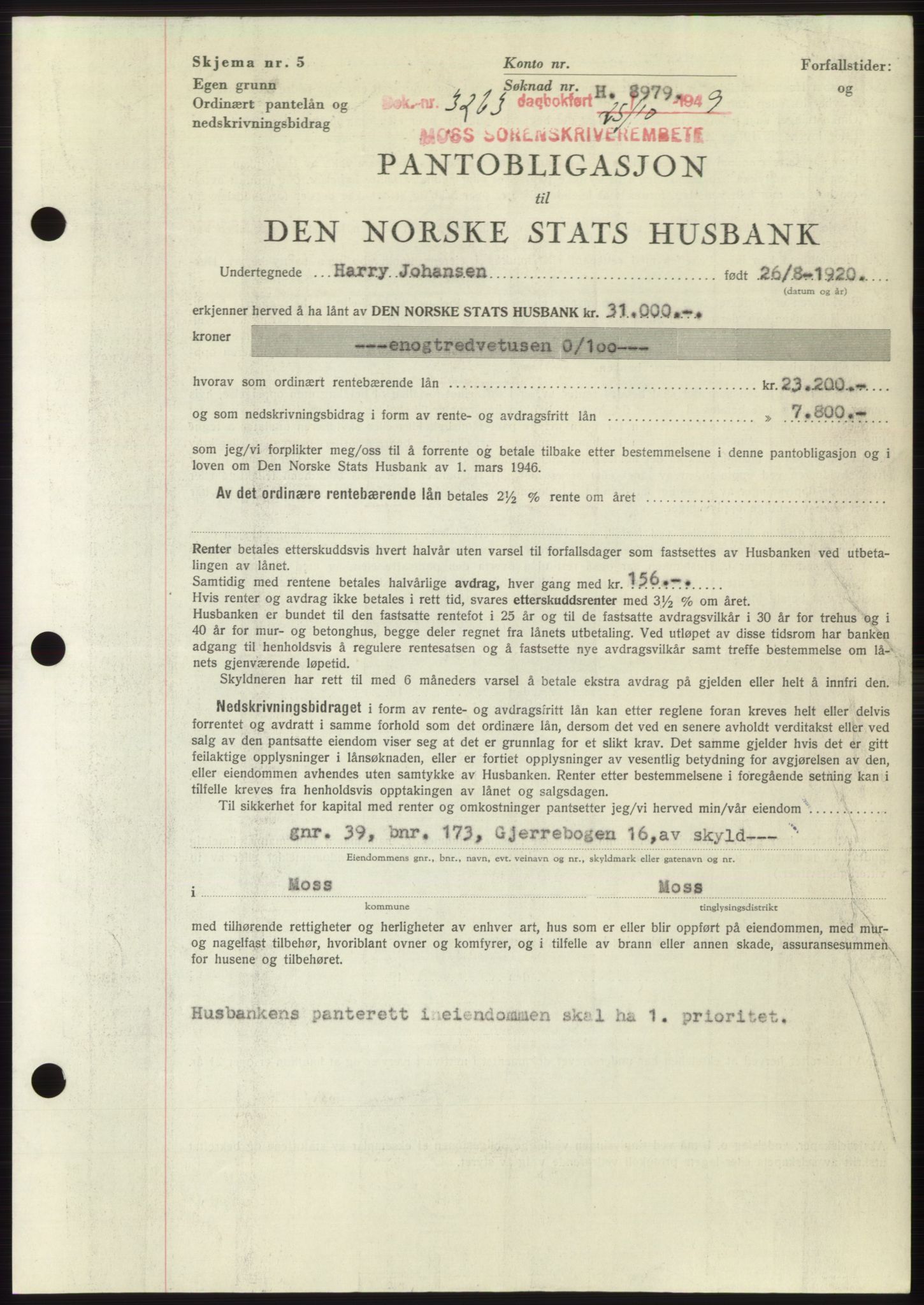 Moss sorenskriveri, SAO/A-10168: Mortgage book no. B23, 1949-1950, Diary no: : 3263/1949