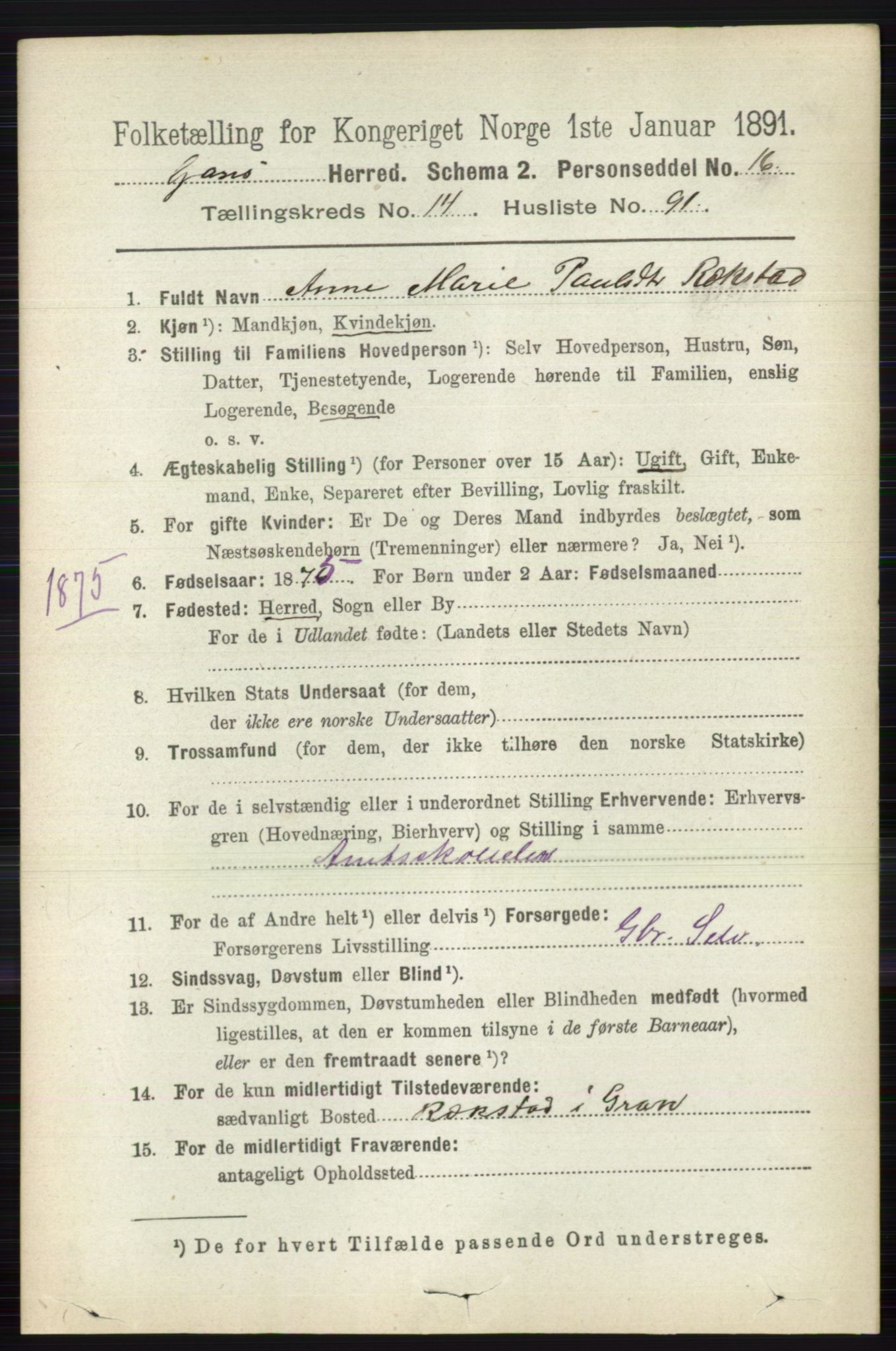 RA, 1891 census for 0534 Gran, 1891, p. 7529