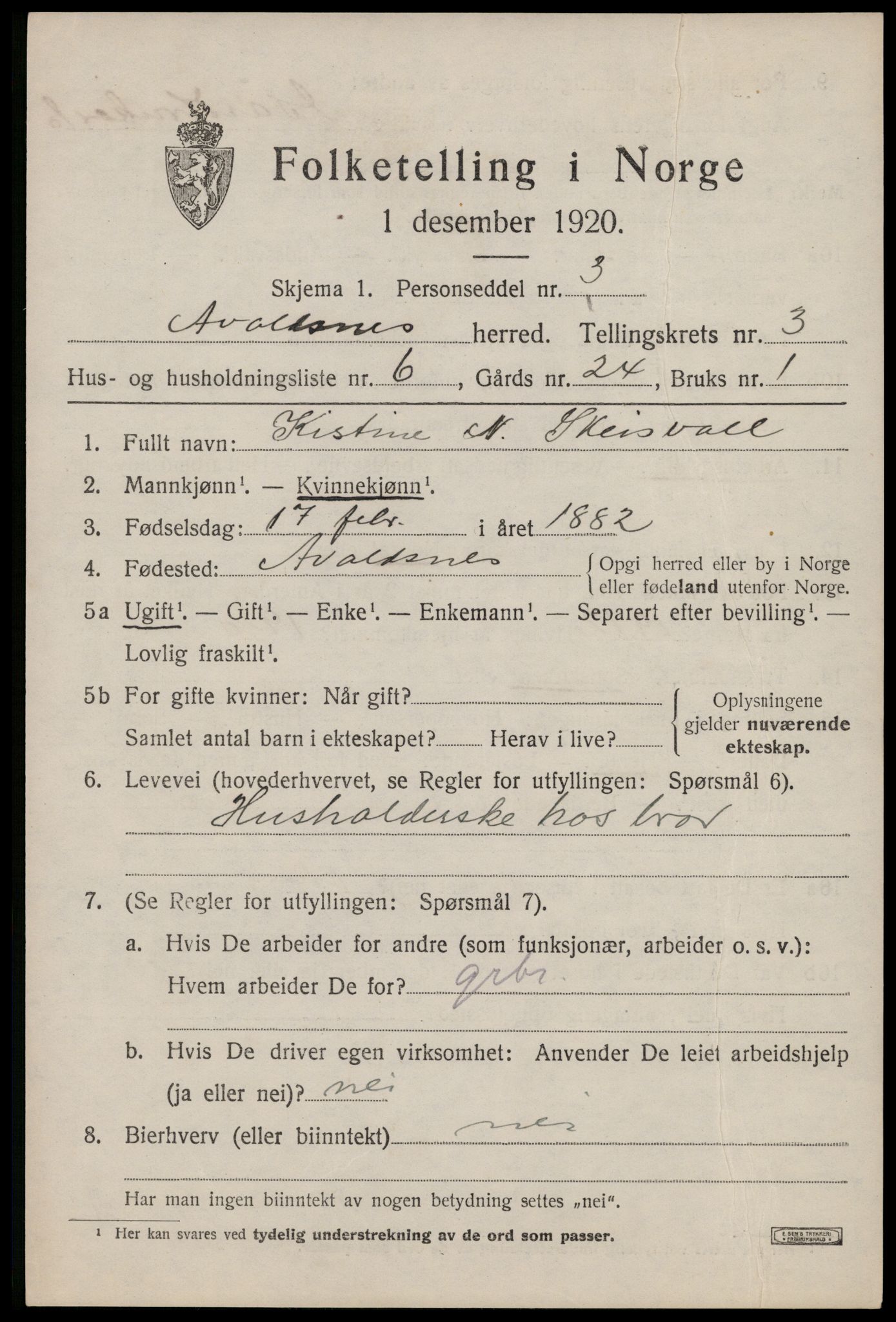 SAST, 1920 census for Avaldsnes, 1920, p. 2891