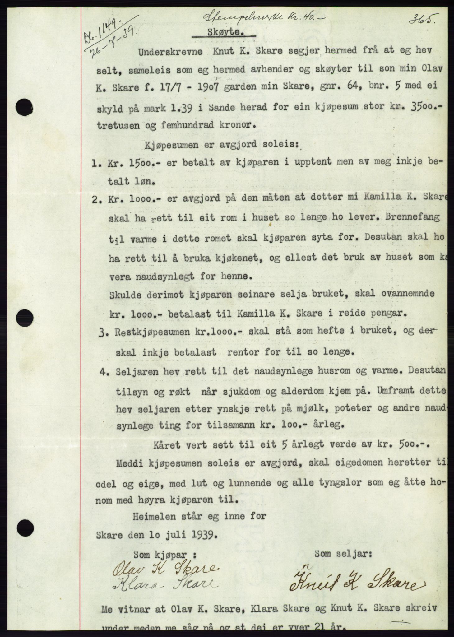 Søre Sunnmøre sorenskriveri, AV/SAT-A-4122/1/2/2C/L0068: Mortgage book no. 62, 1939-1939, Diary no: : 1149/1939