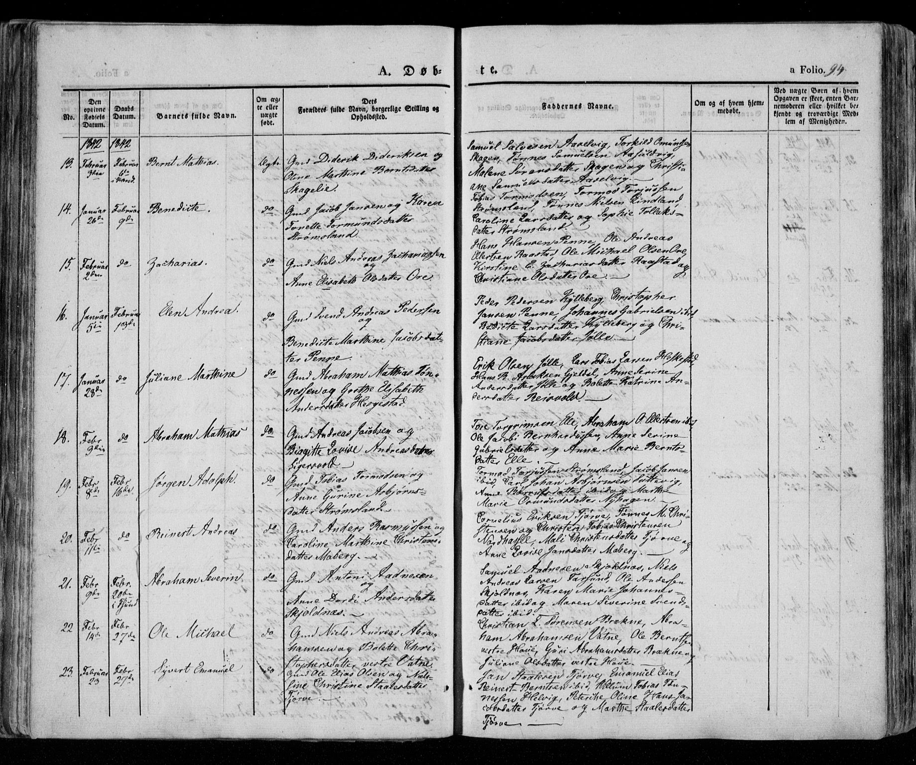 Lista sokneprestkontor, AV/SAK-1111-0027/F/Fa/L0009: Parish register (official) no. A 9, 1835-1846, p. 94