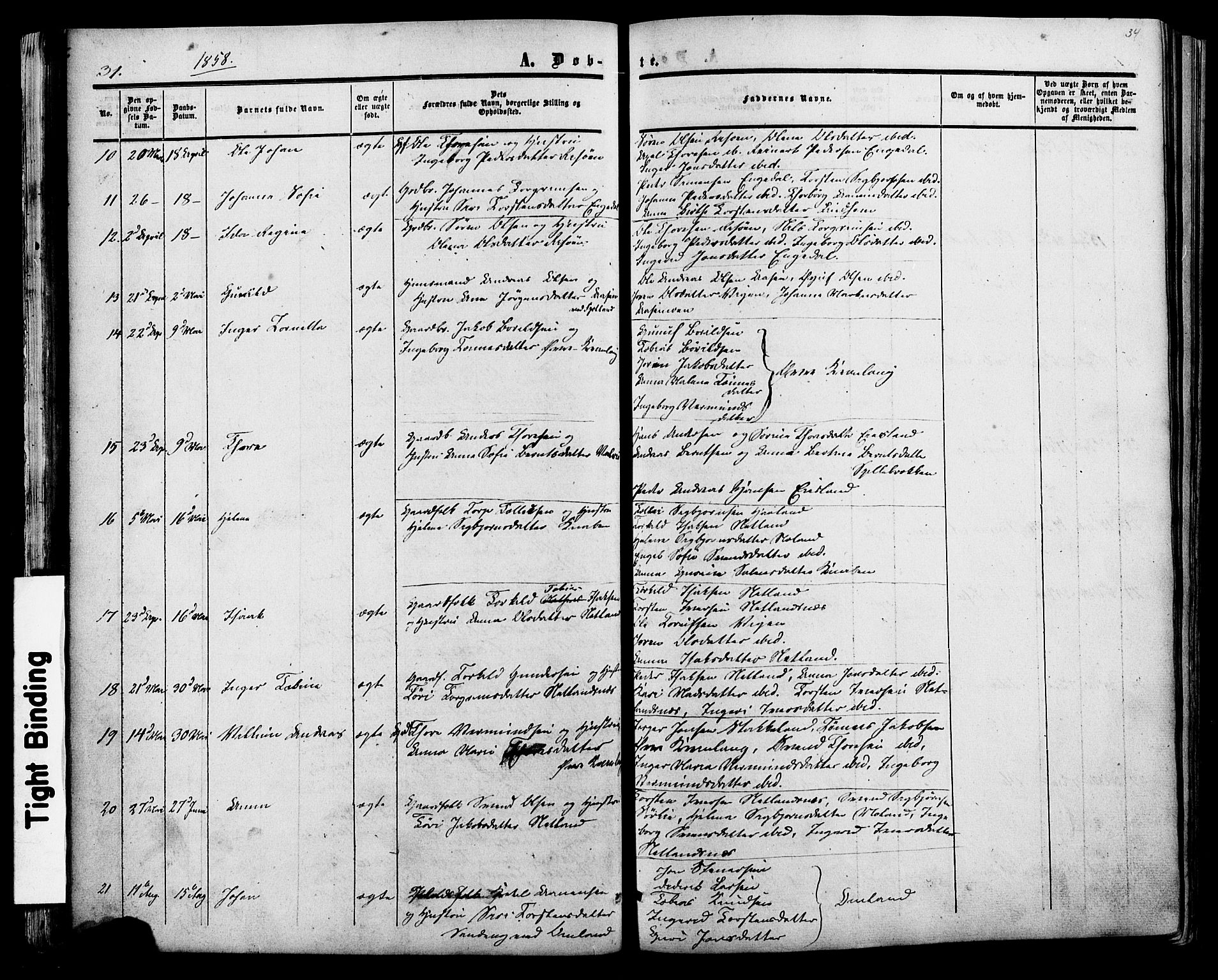 Fjotland sokneprestkontor, AV/SAK-1111-0010/F/Fa/L0001: Parish register (official) no. A 1, 1850-1879, p. 34