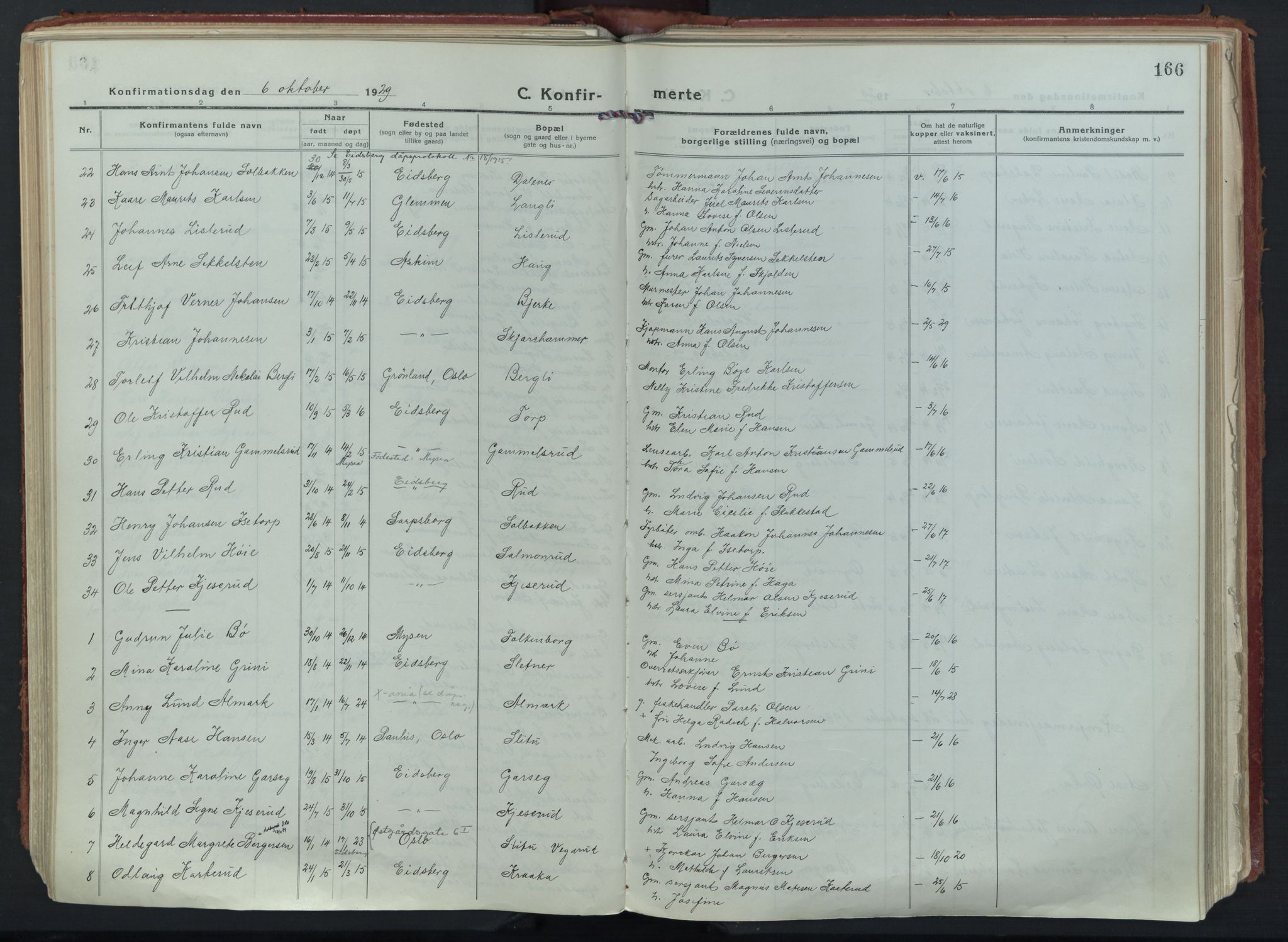 Eidsberg prestekontor Kirkebøker, AV/SAO-A-10905/F/Fa/L0015: Parish register (official) no. I 15, 1920-1937, p. 166