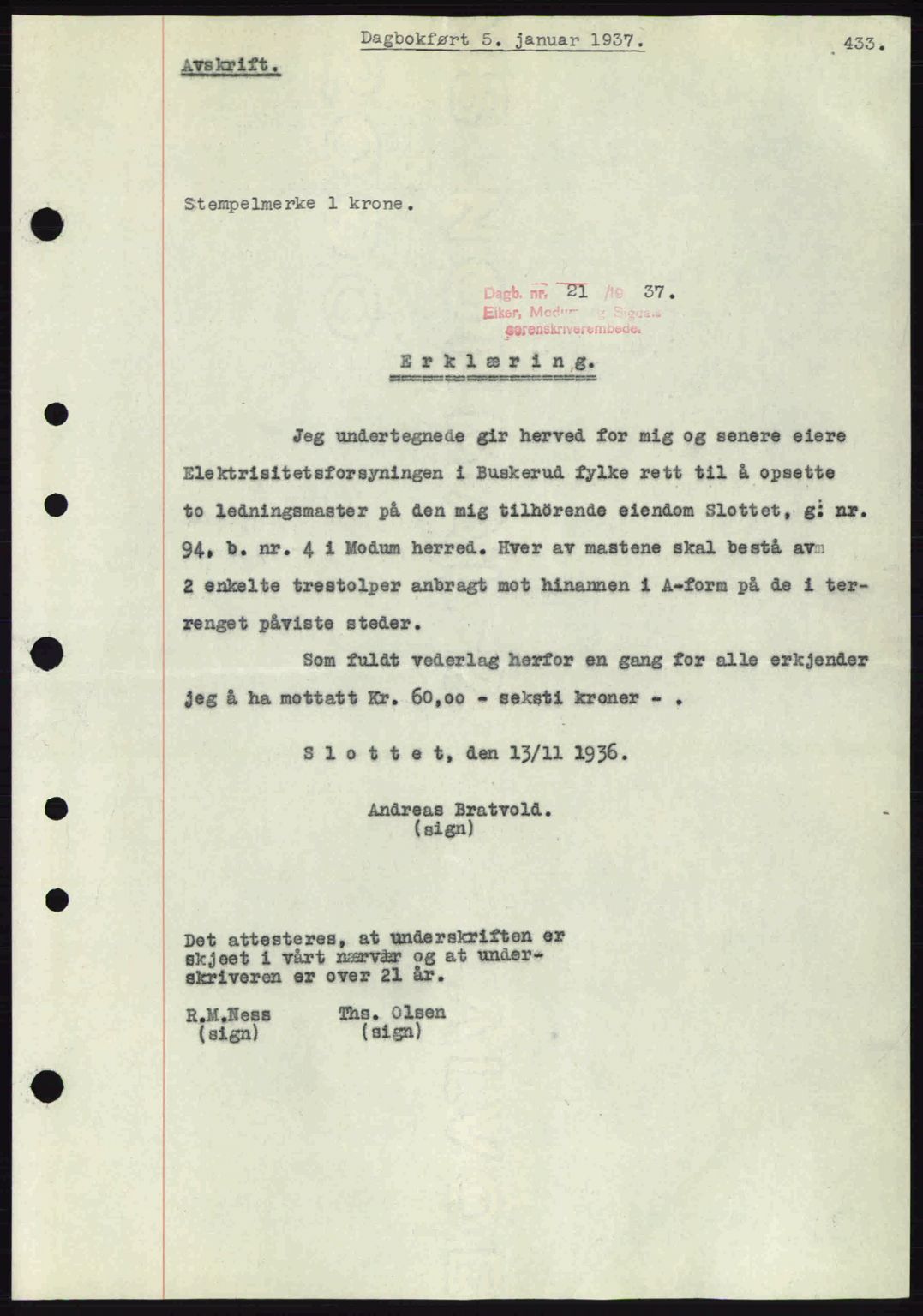 Eiker, Modum og Sigdal sorenskriveri, SAKO/A-123/G/Ga/Gab/L0034: Mortgage book no. A4, 1936-1937, Diary no: : 21/1937