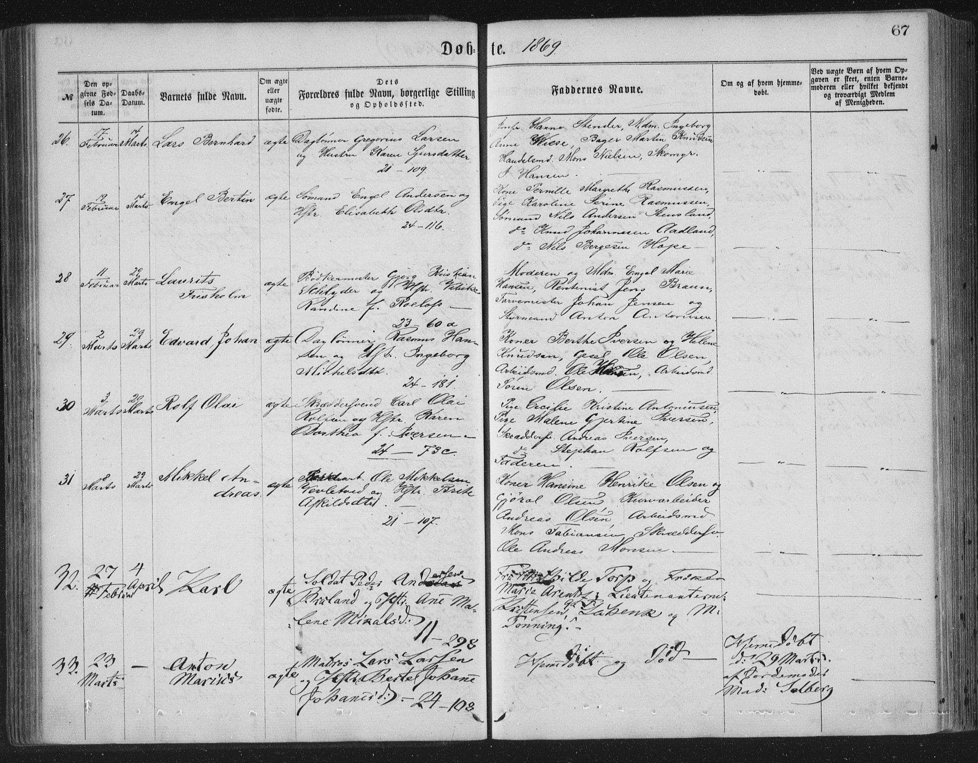 Korskirken sokneprestembete, AV/SAB-A-76101/H/Haa/L0019: Parish register (official) no. B 5, 1866-1871, p. 67
