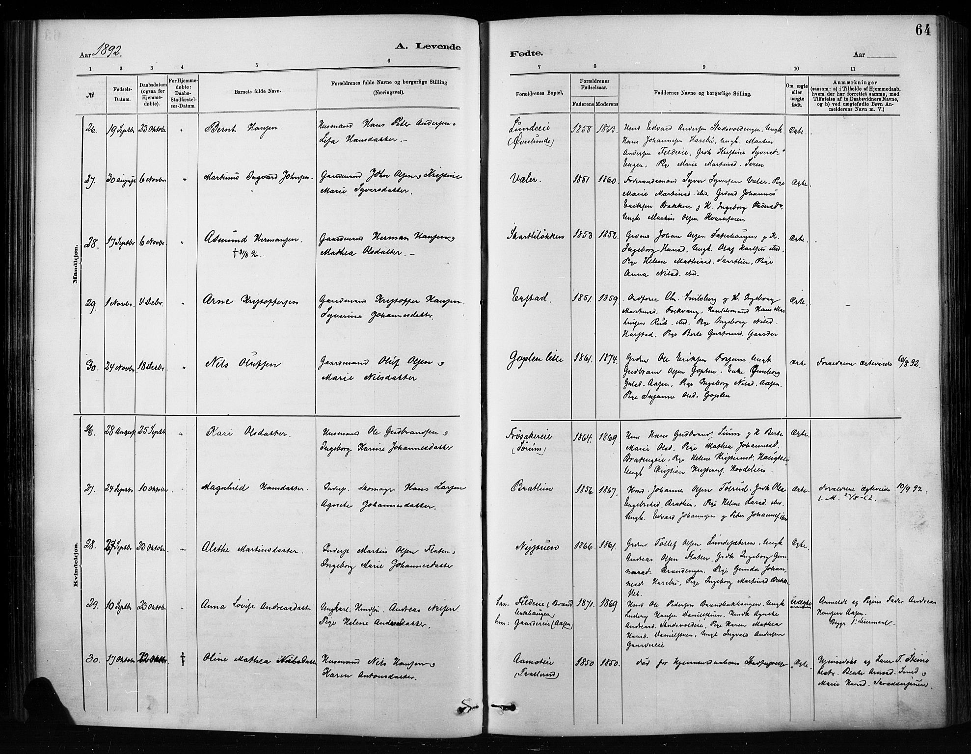 Nordre Land prestekontor, AV/SAH-PREST-124/H/Ha/Haa/L0004: Parish register (official) no. 4, 1882-1896, p. 64