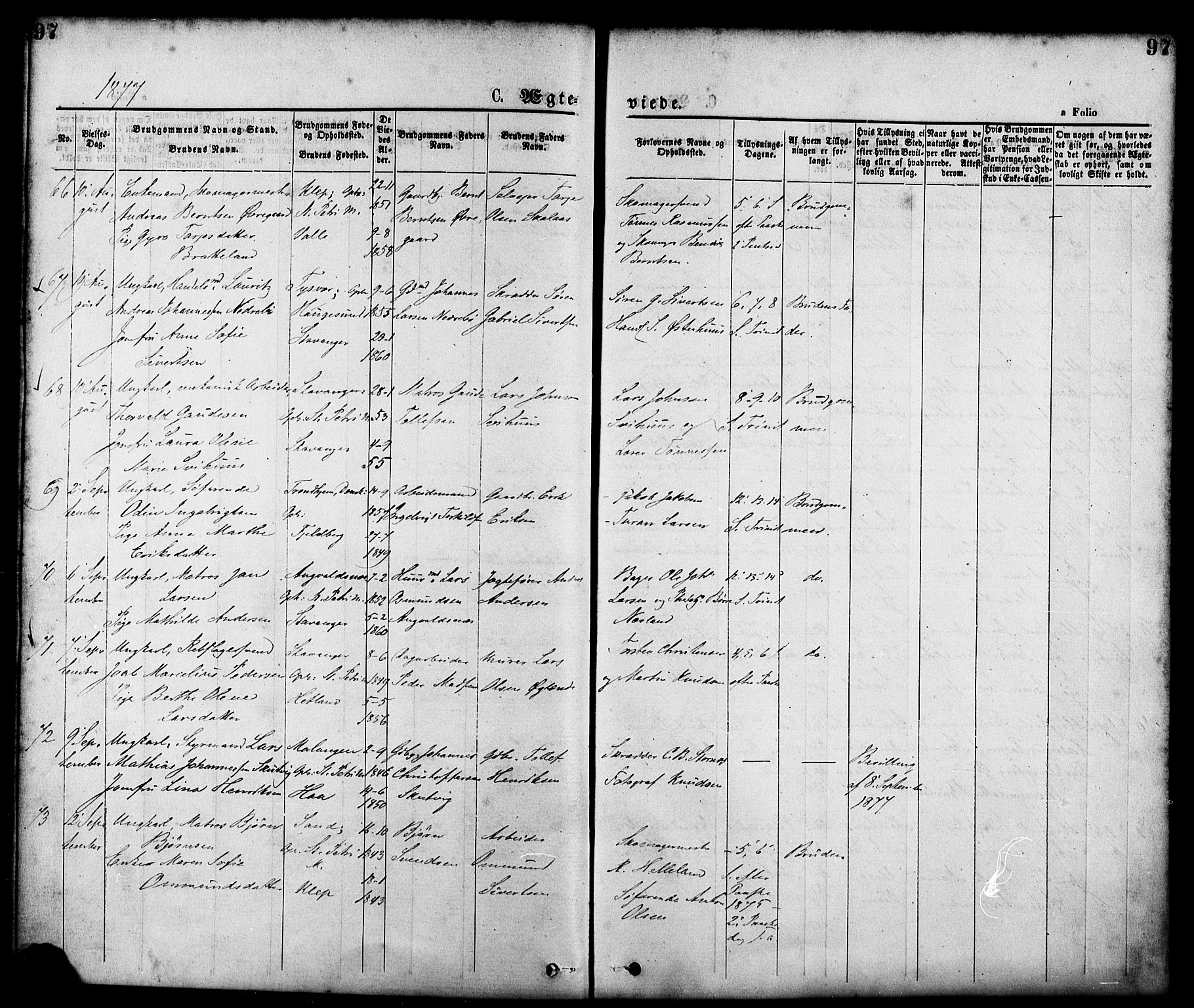 St. Petri sokneprestkontor, AV/SAST-A-101813/001/30/30BA/L0010: Parish register (official) no. A 10, 1869-1878, p. 97