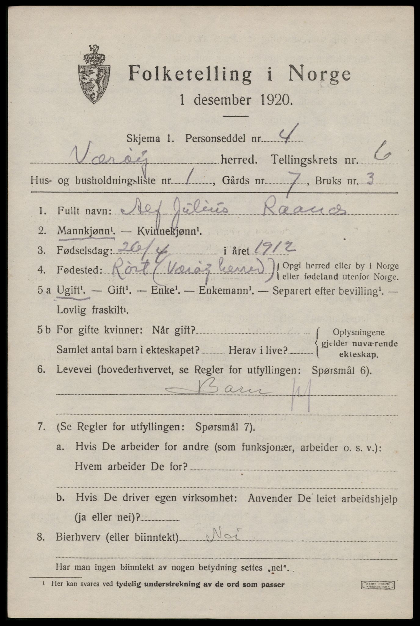 SAT, 1920 census for Værøy, 1920, p. 3651