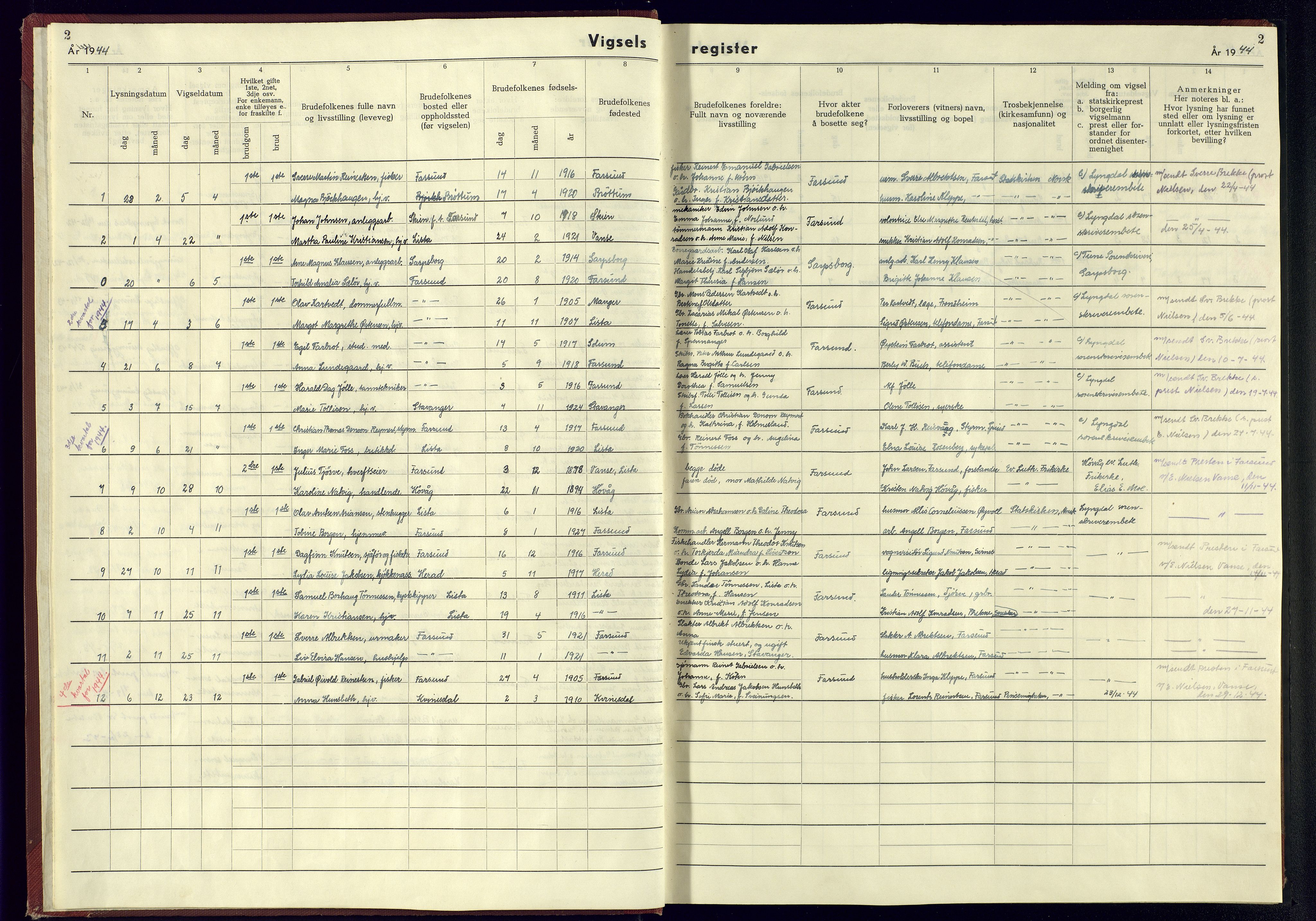 Farsund sokneprestkontor, AV/SAK-1111-0009/J/Jb/L0002: Marriage register no. A-VI-5, 1943-1945, p. 2