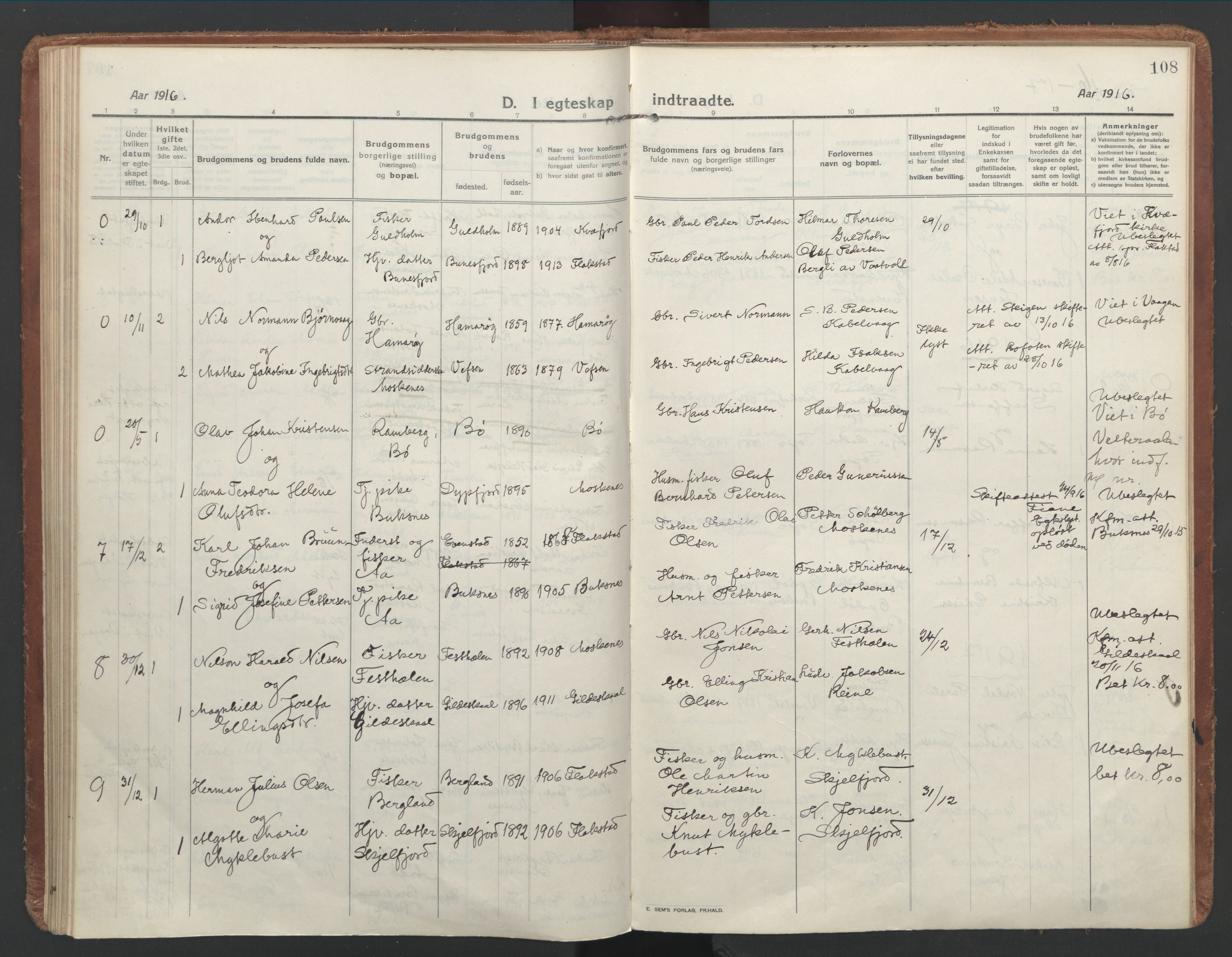 Ministerialprotokoller, klokkerbøker og fødselsregistre - Nordland, AV/SAT-A-1459/886/L1222: Parish register (official) no. 886A04, 1914-1926, p. 108