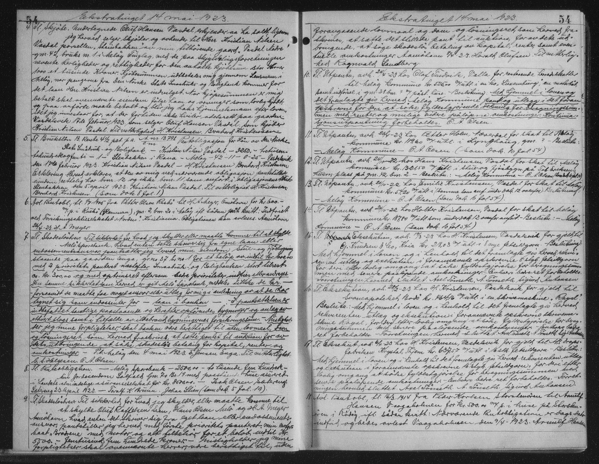 Rana sorenskriveri , AV/SAT-A-1108/1/2/2C/L0018: Mortgage book no. 18, 1923-1928, p. 54, Deed date: 14.05.1923