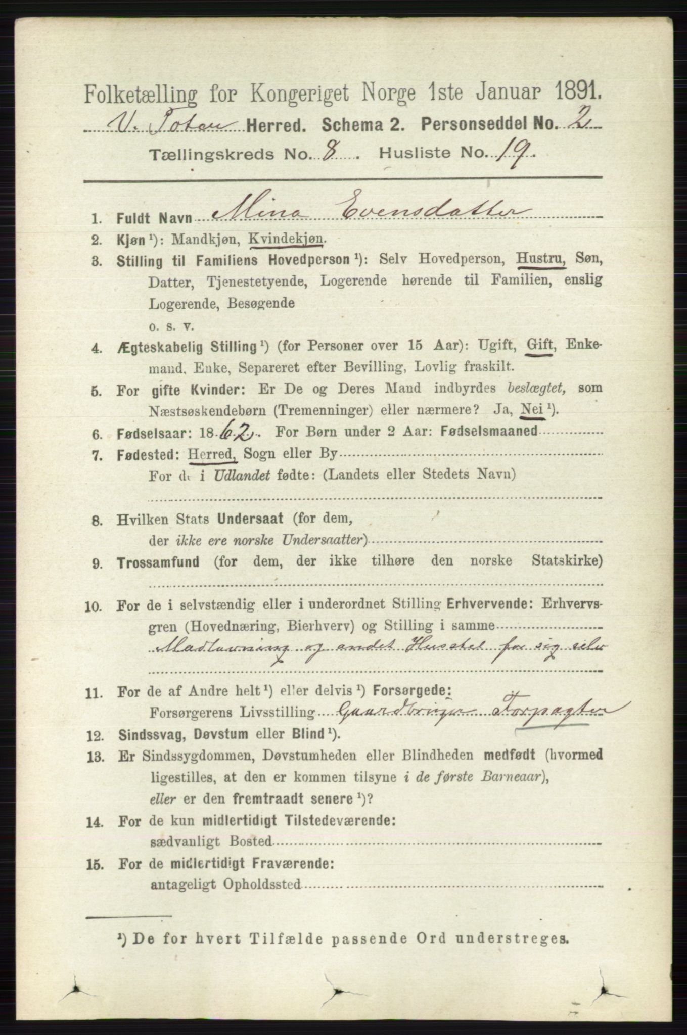 RA, 1891 census for 0529 Vestre Toten, 1891, p. 5107