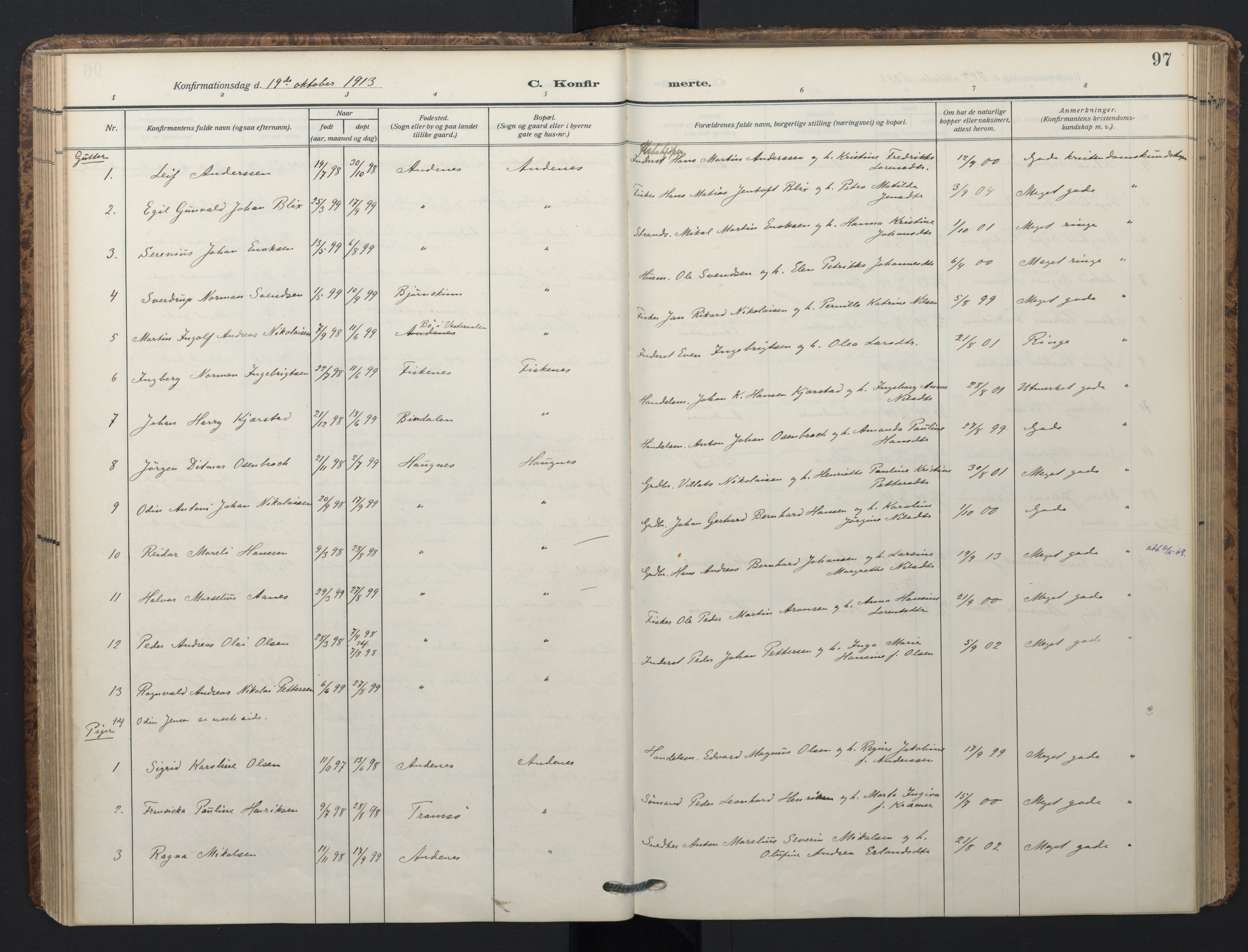 Ministerialprotokoller, klokkerbøker og fødselsregistre - Nordland, SAT/A-1459/899/L1438: Parish register (official) no. 899A06, 1909-1922, p. 97