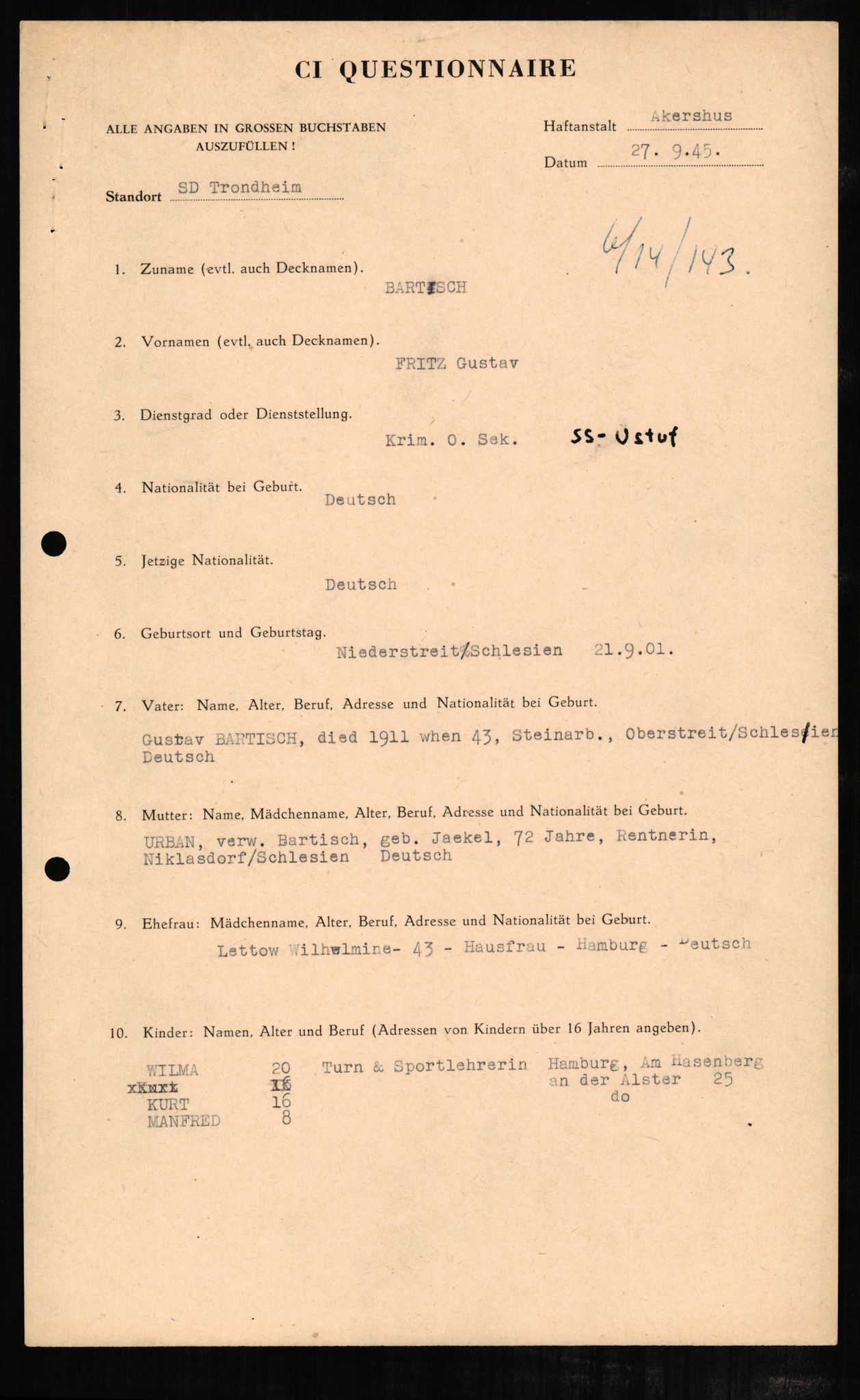 Forsvaret, Forsvarets overkommando II, RA/RAFA-3915/D/Db/L0002: CI Questionaires. Tyske okkupasjonsstyrker i Norge. Tyskere., 1945-1946, p. 182