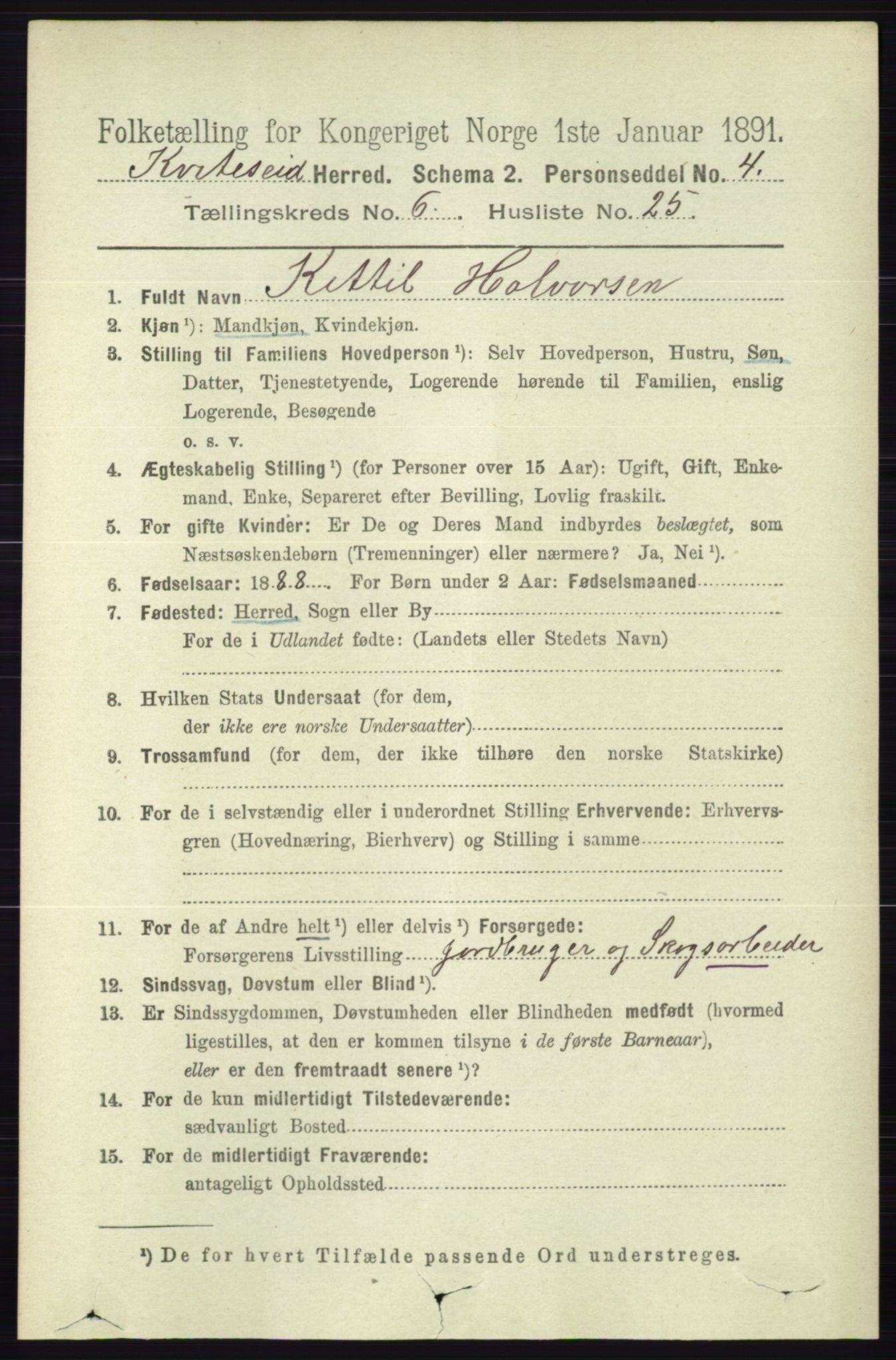 RA, 1891 census for 0829 Kviteseid, 1891, p. 1318