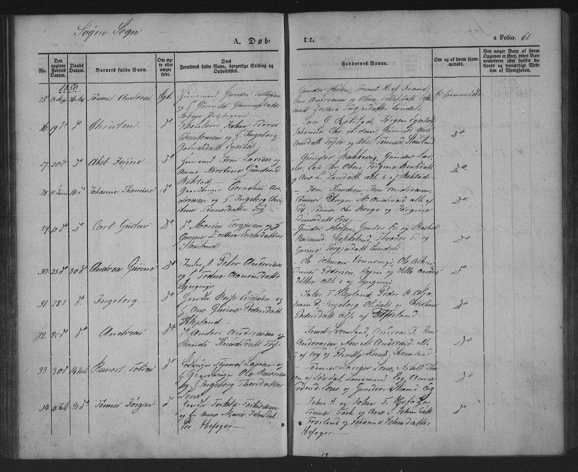 Søgne sokneprestkontor, AV/SAK-1111-0037/F/Fa/Fab/L0009: Parish register (official) no. A 9, 1838-1853, p. 61