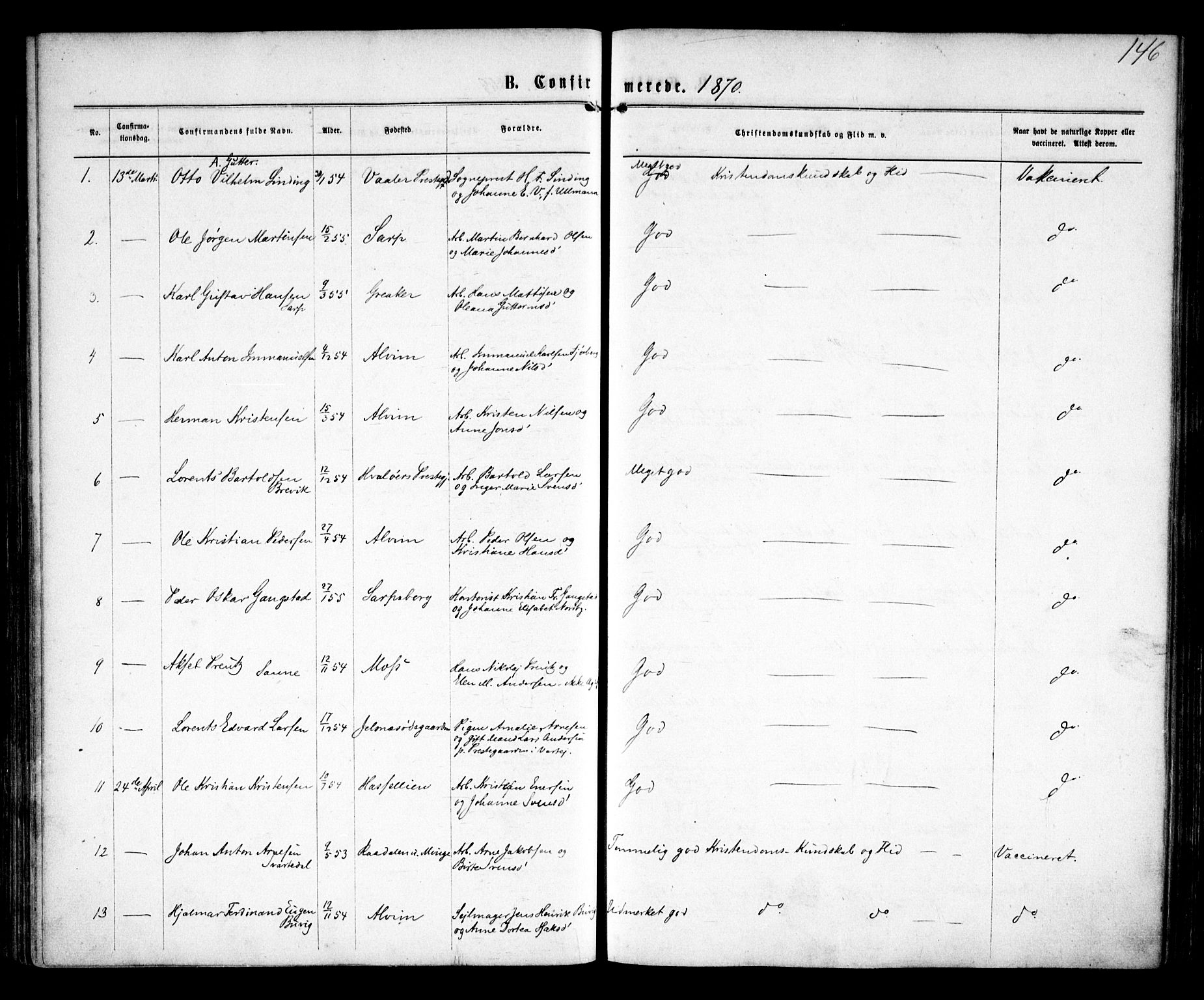 Tune prestekontor Kirkebøker, AV/SAO-A-2007/F/Fa/L0015: Parish register (official) no. 15, 1869-1873, p. 146