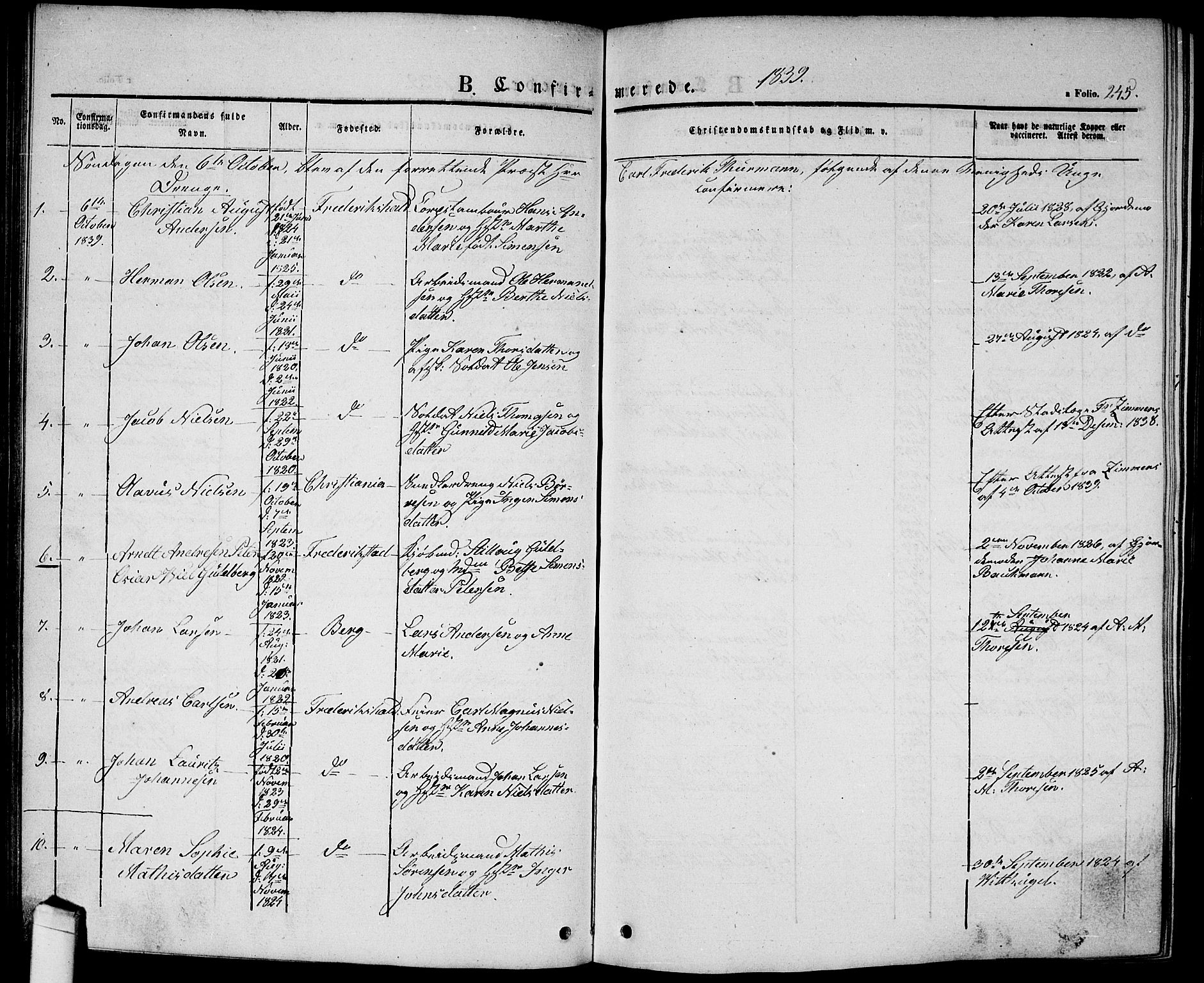 Halden prestekontor Kirkebøker, SAO/A-10909/G/Ga/L0003: Parish register (copy) no. 3, 1834-1844, p. 245