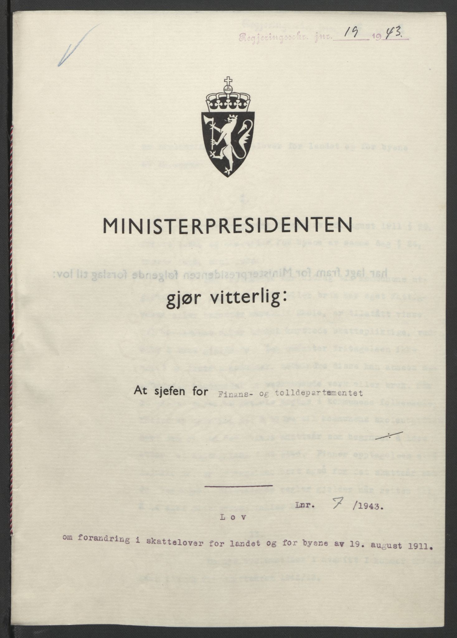 NS-administrasjonen 1940-1945 (Statsrådsekretariatet, de kommisariske statsråder mm), RA/S-4279/D/Db/L0099: Lover, 1943, p. 30
