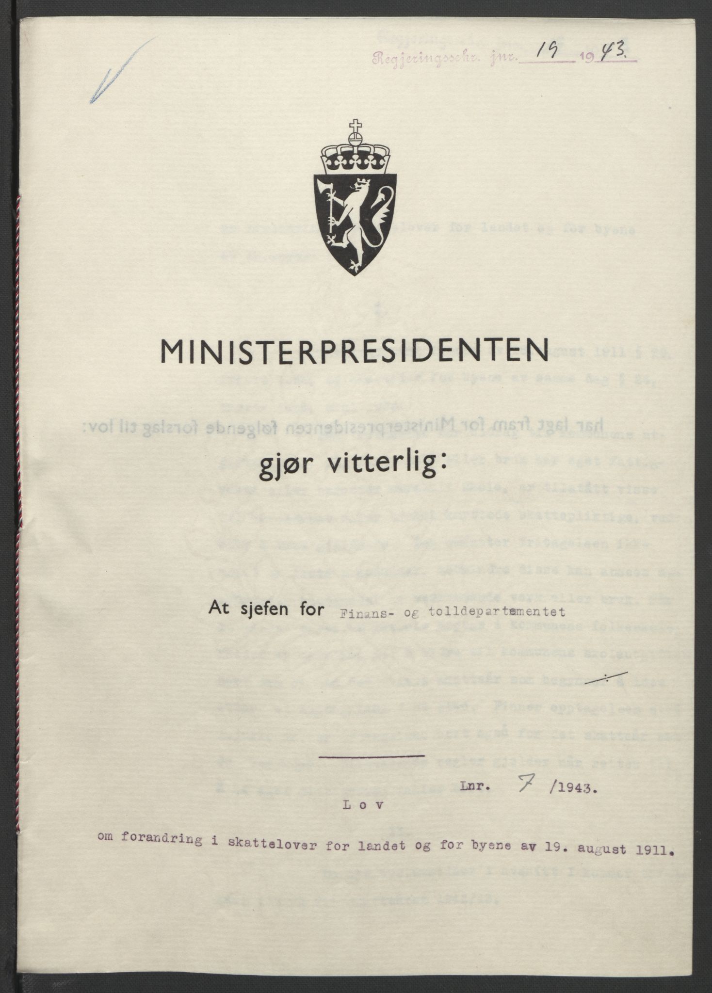 NS-administrasjonen 1940-1945 (Statsrådsekretariatet, de kommisariske statsråder mm), AV/RA-S-4279/D/Db/L0099: Lover, 1943, p. 30