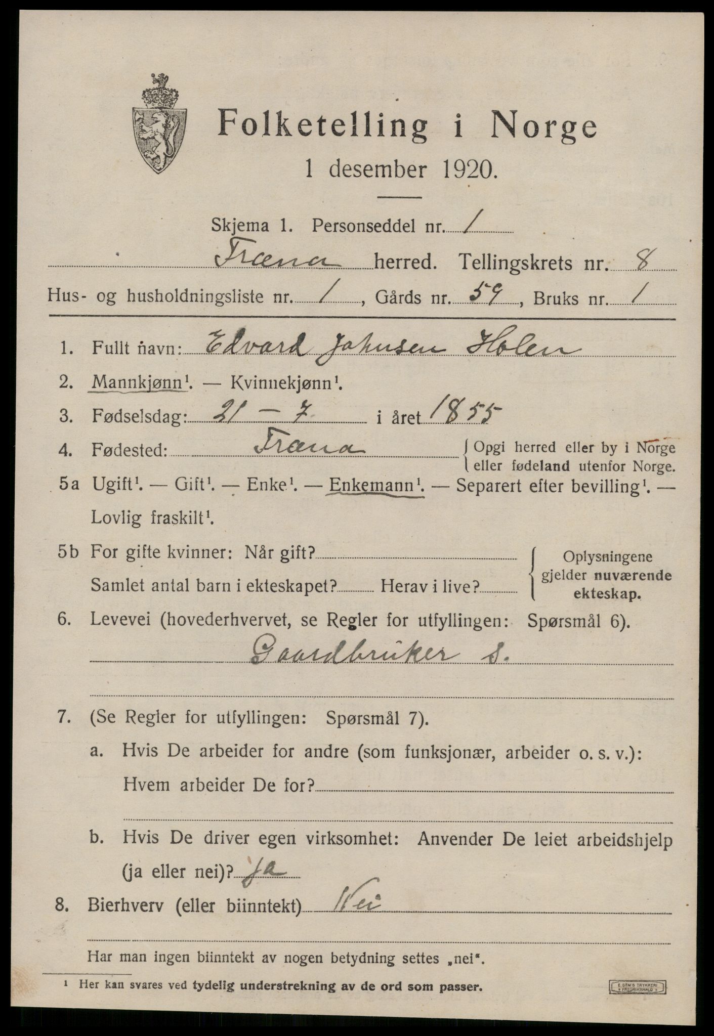 SAT, 1920 census for Fræna, 1920, p. 5091