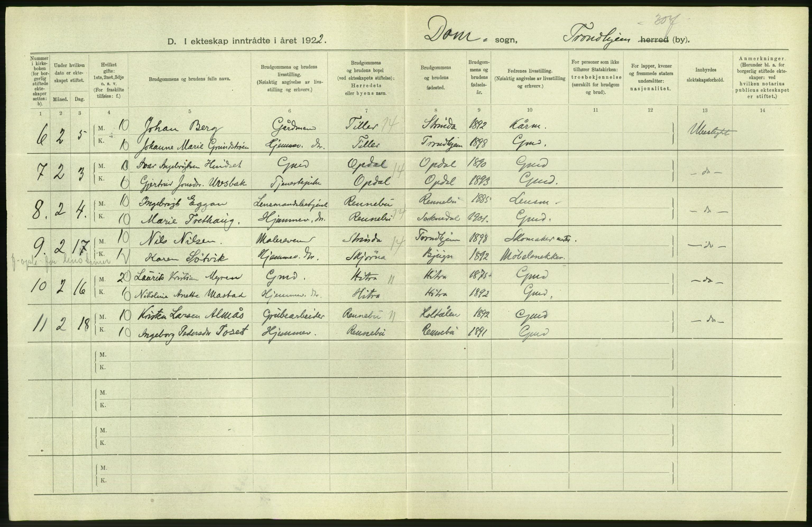 Statistisk sentralbyrå, Sosiodemografiske emner, Befolkning, AV/RA-S-2228/D/Df/Dfc/Dfcb/L0040: Trondheim: Gifte, døde, dødfødte., 1922, p. 54