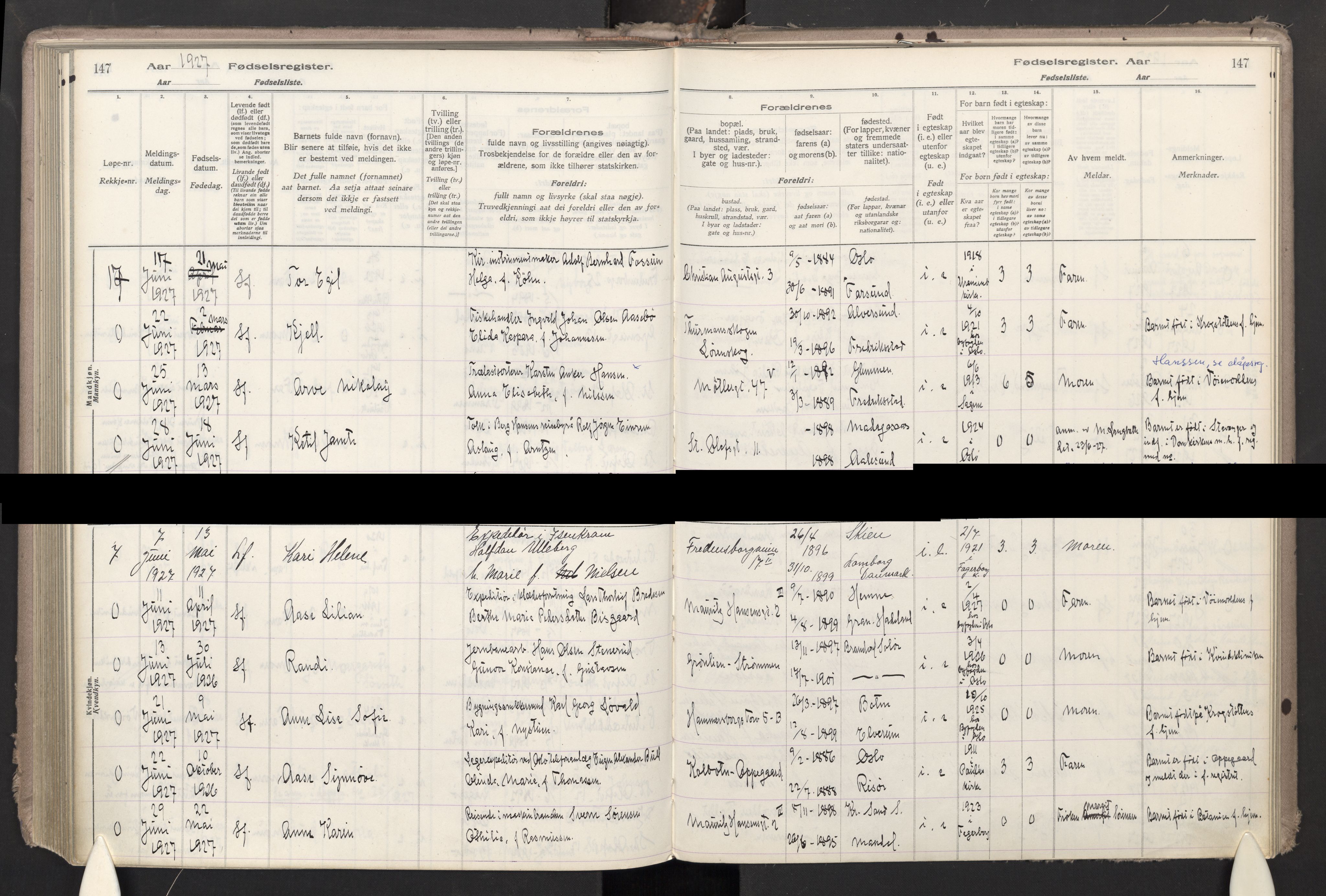 Trefoldighet prestekontor Kirkebøker, SAO/A-10882/J/Ja/L0001: Birth register no. 1, 1916-1931, p. 147
