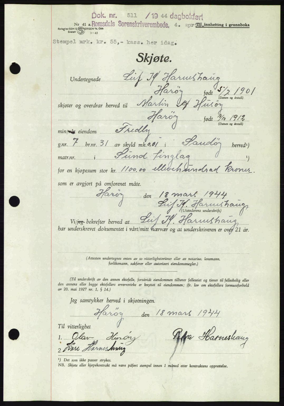 Romsdal sorenskriveri, SAT/A-4149/1/2/2C: Mortgage book no. A16, 1944-1944, Diary no: : 511/1944