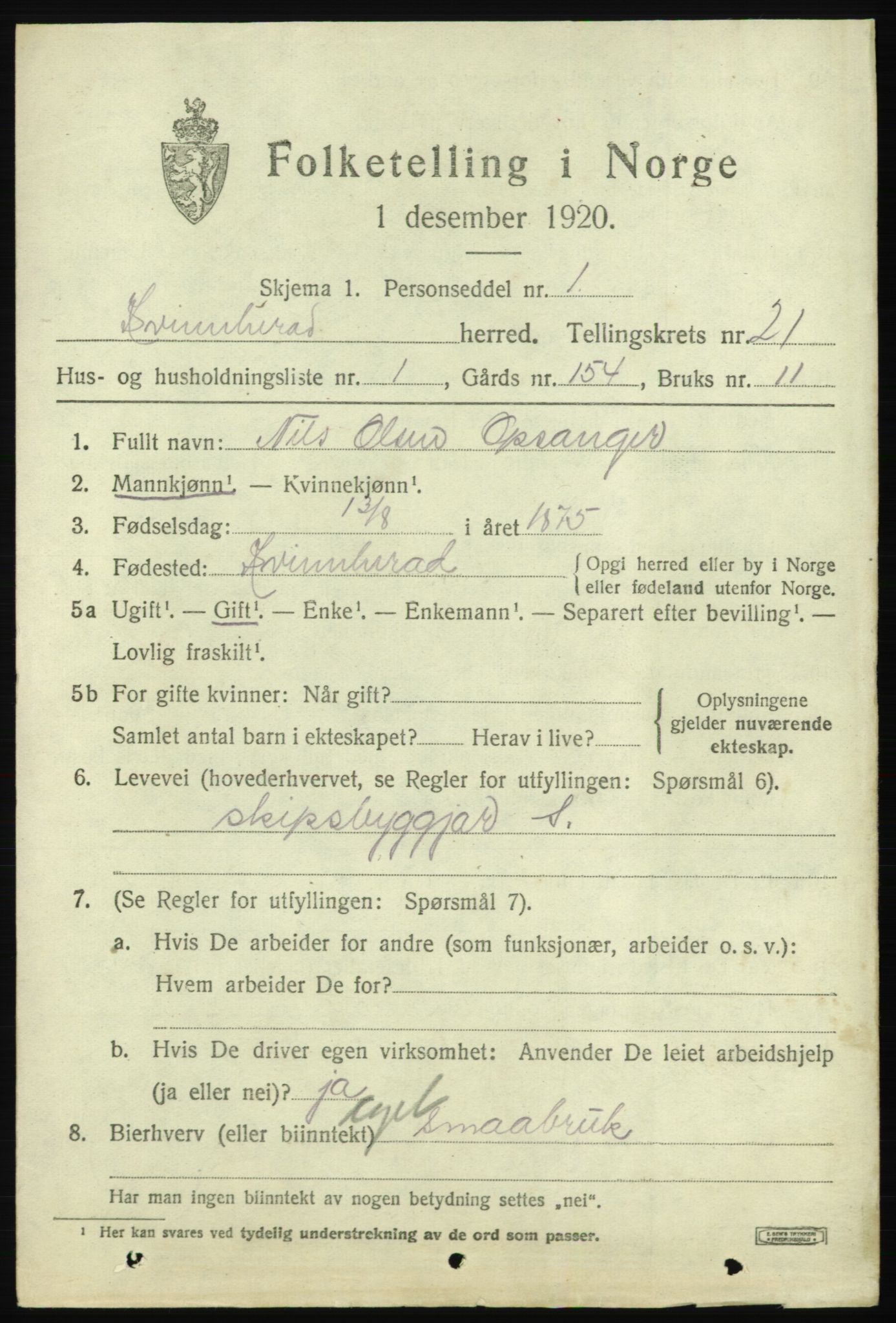 SAB, 1920 census for Kvinnherad, 1920, p. 13264