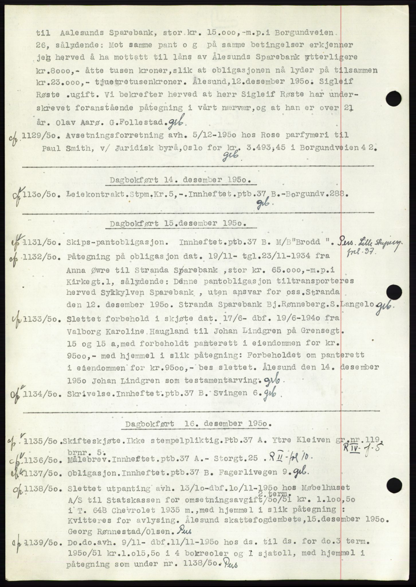 Ålesund byfogd, AV/SAT-A-4384: Mortgage book no. C37, 1950-1951, Diary no: : 1129/1950