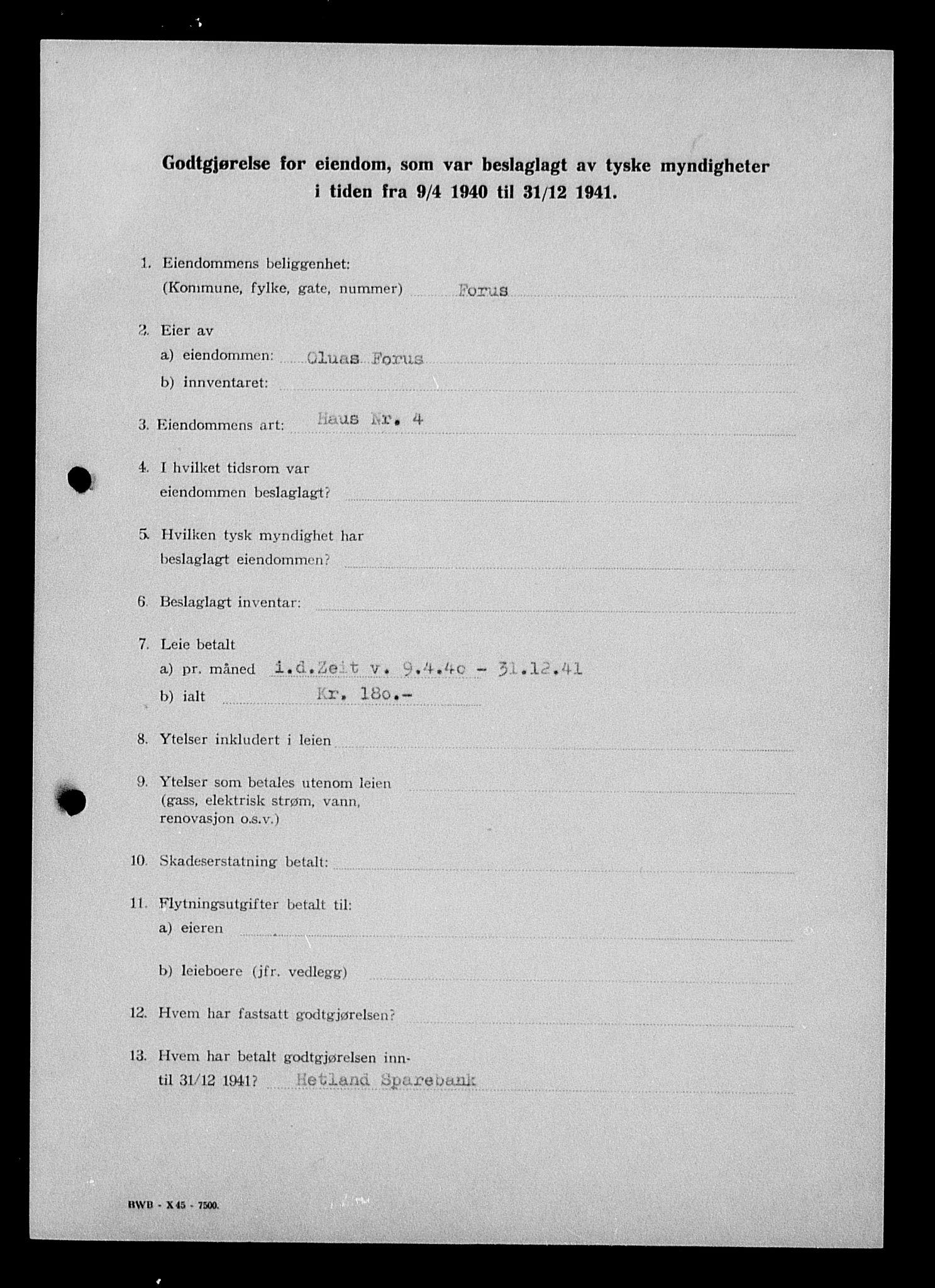 Justisdepartementet, Tilbakeføringskontoret for inndratte formuer, AV/RA-S-1564/I/L1015: Godtgjørelse for beslaglagt eiendom, 1940-1941, p. 452