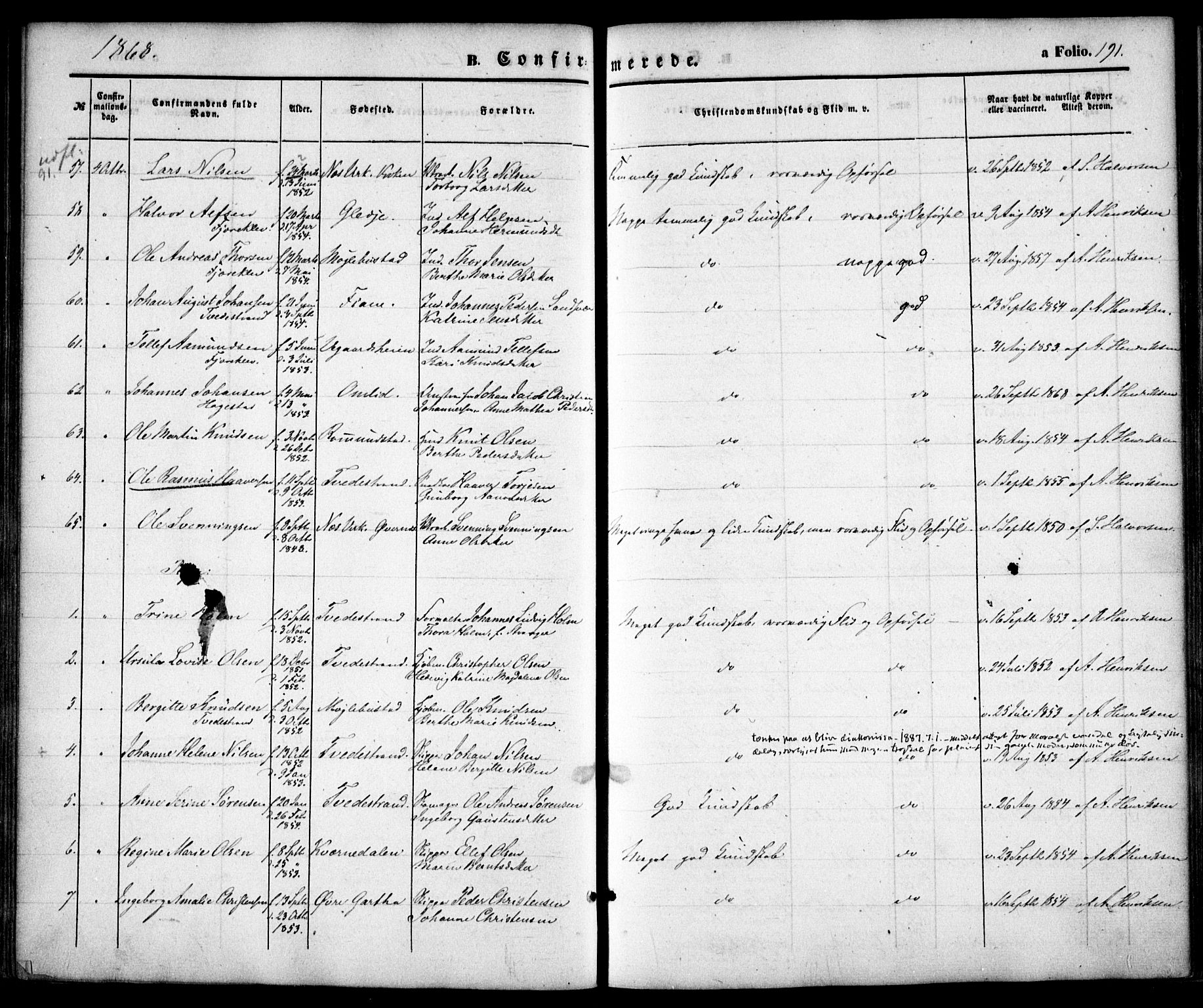 Holt sokneprestkontor, AV/SAK-1111-0021/F/Fa/L0009: Parish register (official) no. A 9, 1861-1871, p. 191