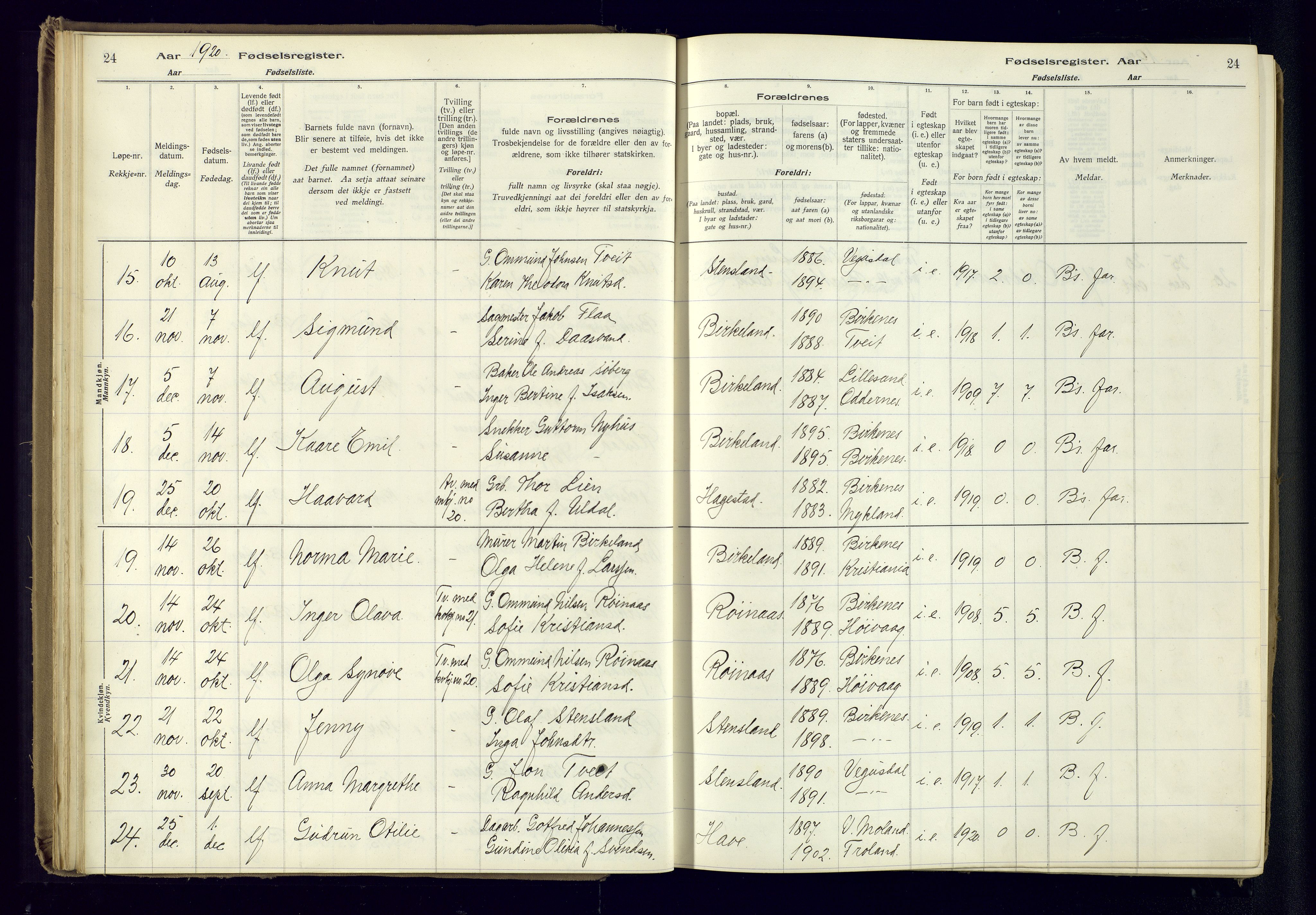 Birkenes sokneprestkontor, AV/SAK-1111-0004/J/Ja/L0001: Birth register no. II.6.4, 1916-1962, p. 24