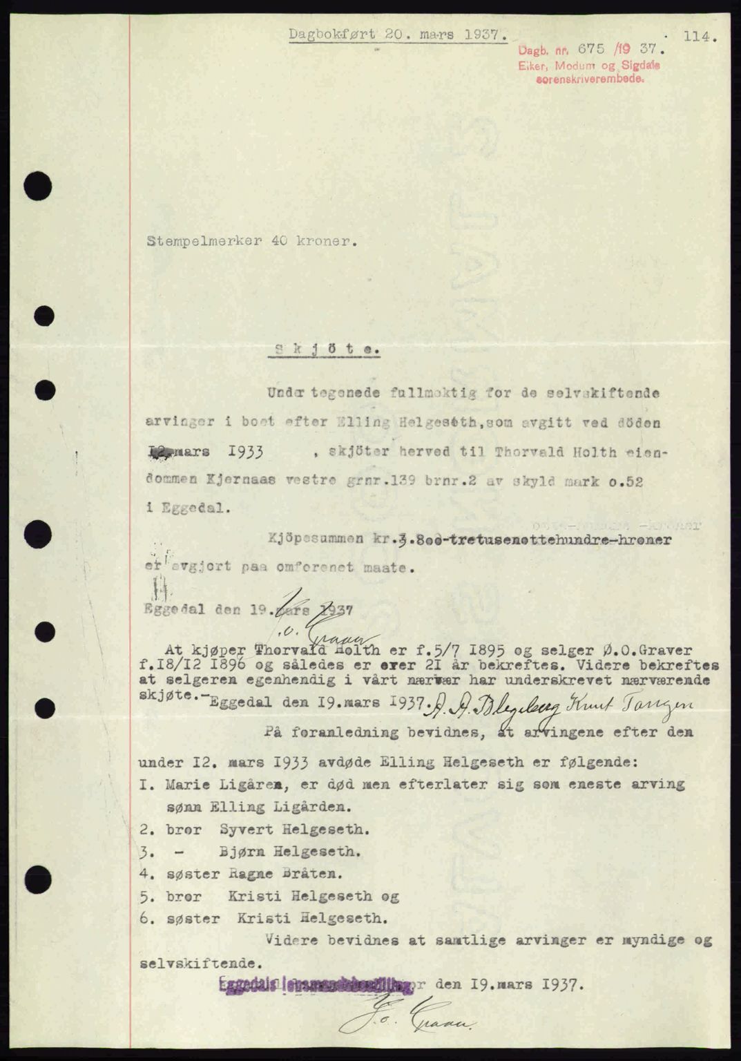 Eiker, Modum og Sigdal sorenskriveri, SAKO/A-123/G/Ga/Gab/L0035: Mortgage book no. A5, 1937-1937, Diary no: : 675/1937