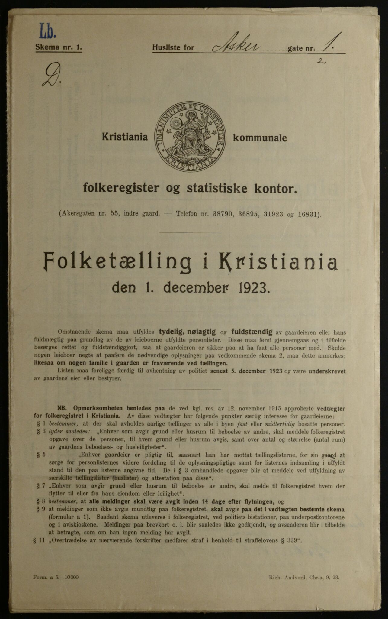 OBA, Municipal Census 1923 for Kristiania, 1923, p. 3147