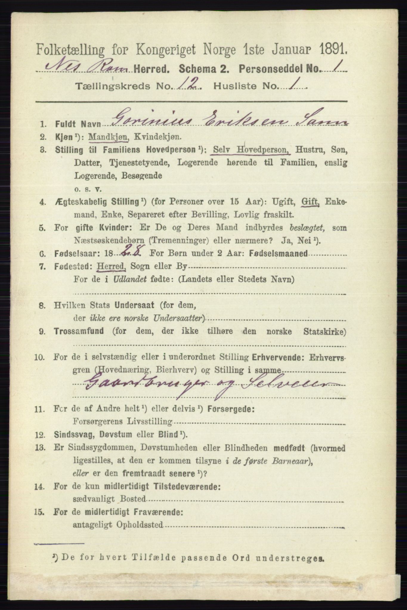 RA, 1891 census for 0236 Nes, 1891, p. 7109