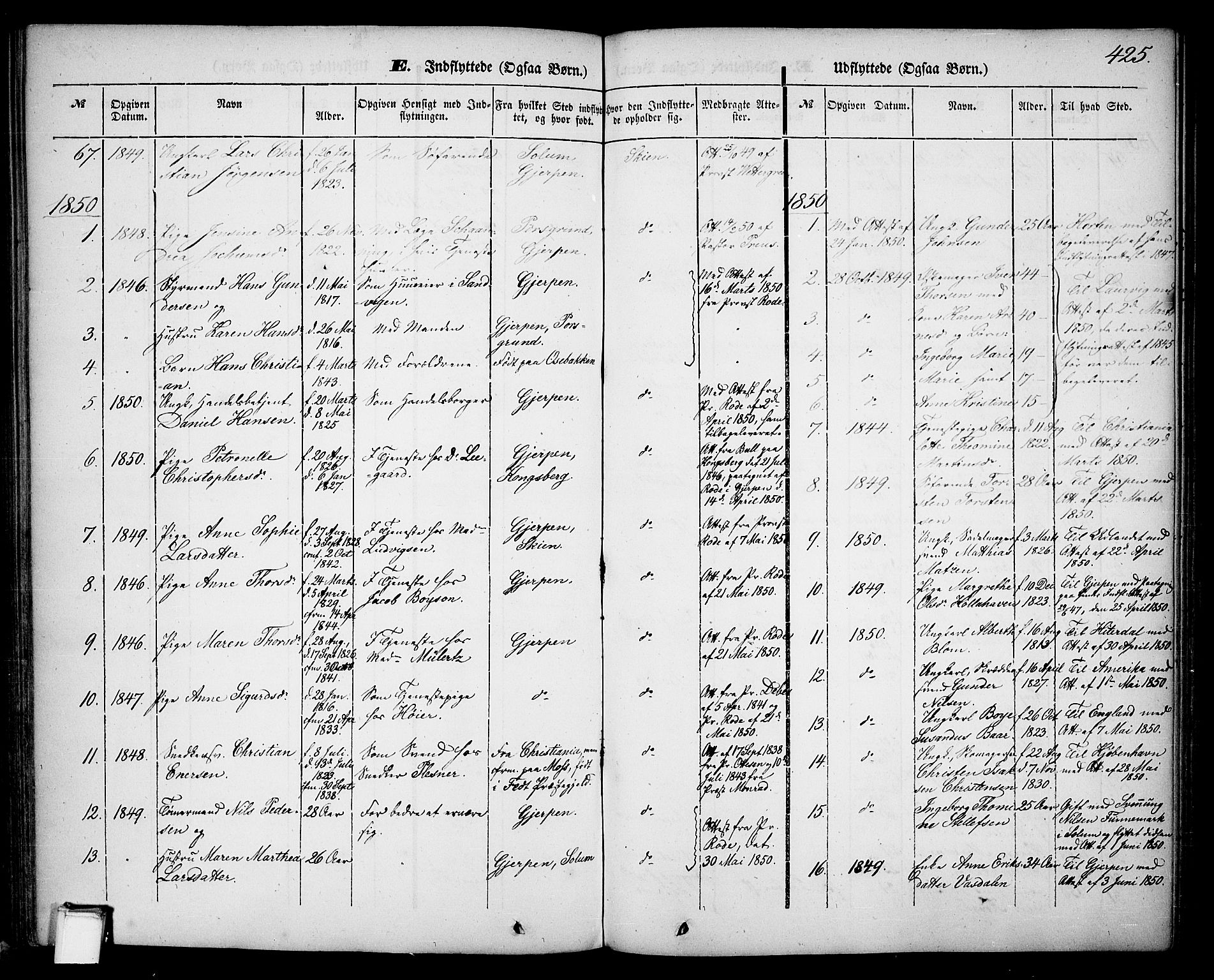 Skien kirkebøker, SAKO/A-302/G/Ga/L0004: Parish register (copy) no. 4, 1843-1867, p. 425