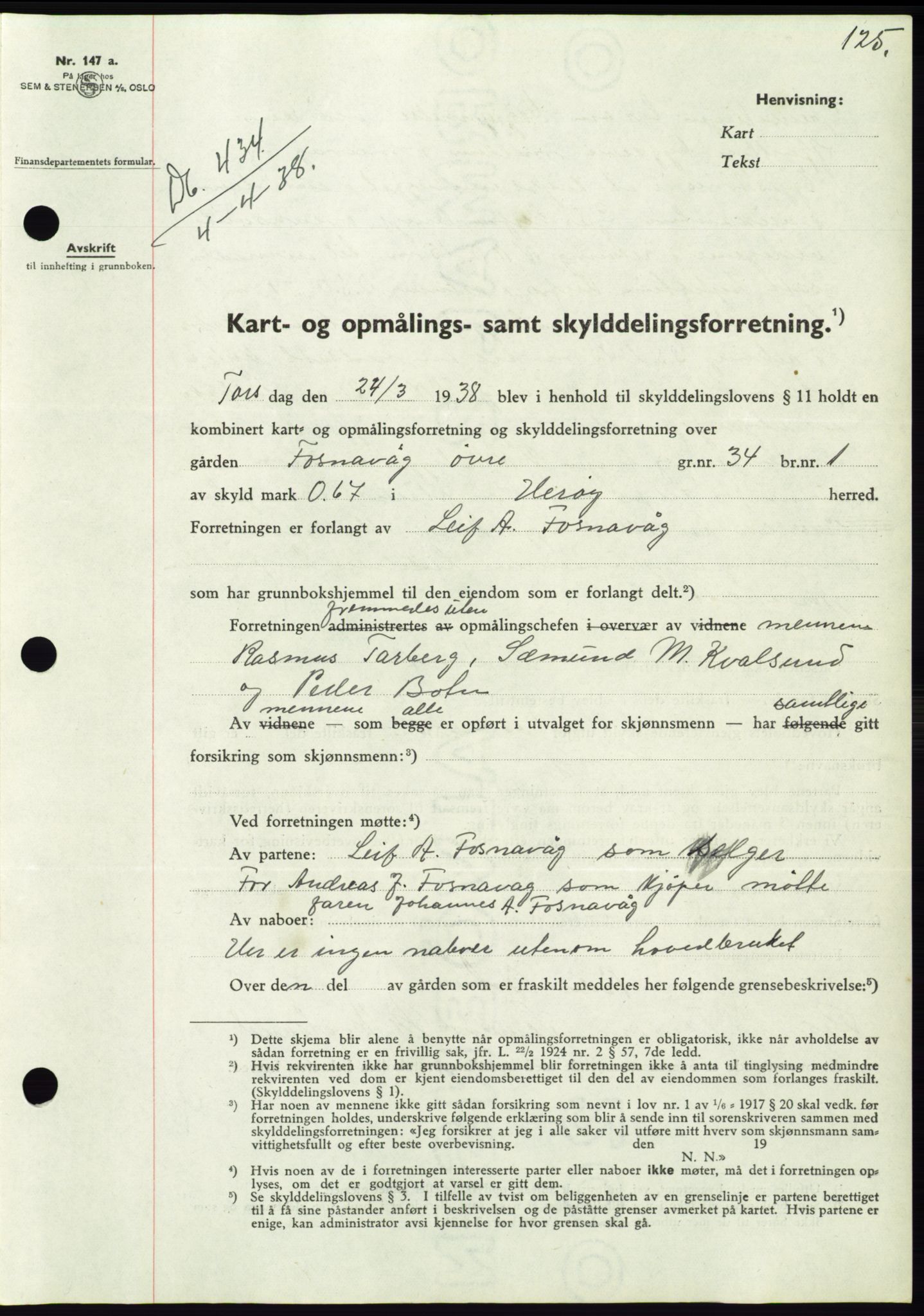 Søre Sunnmøre sorenskriveri, AV/SAT-A-4122/1/2/2C/L0065: Mortgage book no. 59, 1938-1938, Diary no: : 434/1938