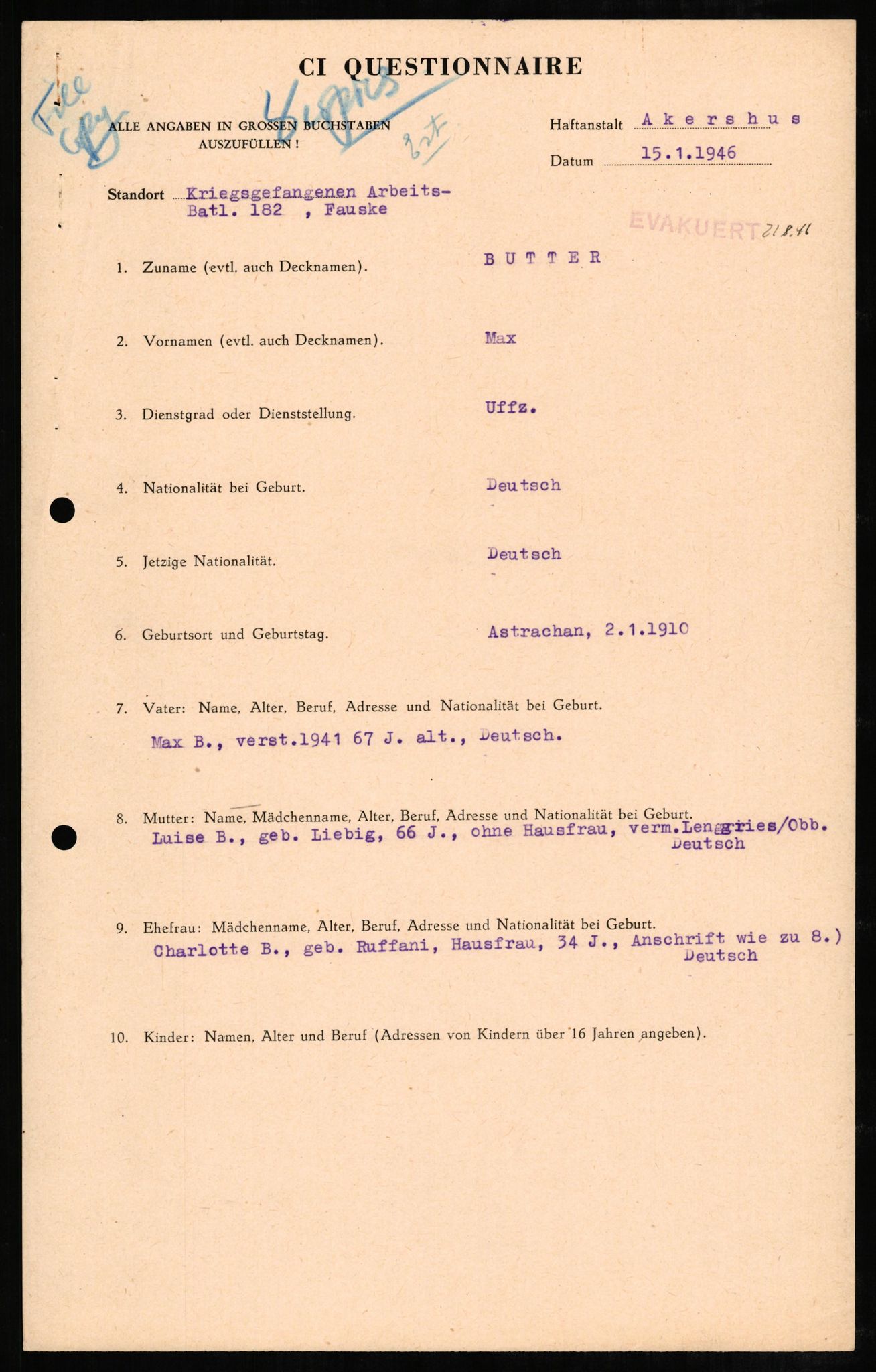 Forsvaret, Forsvarets overkommando II, AV/RA-RAFA-3915/D/Db/L0005: CI Questionaires. Tyske okkupasjonsstyrker i Norge. Tyskere., 1945-1946, p. 66