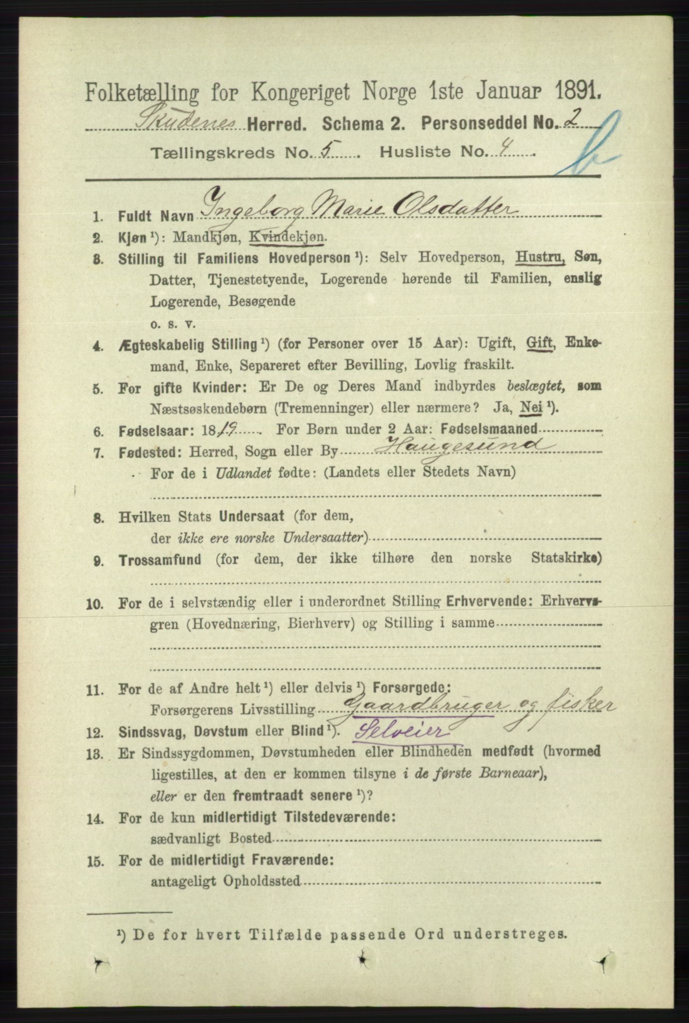 RA, 1891 census for 1150 Skudenes, 1891, p. 5252