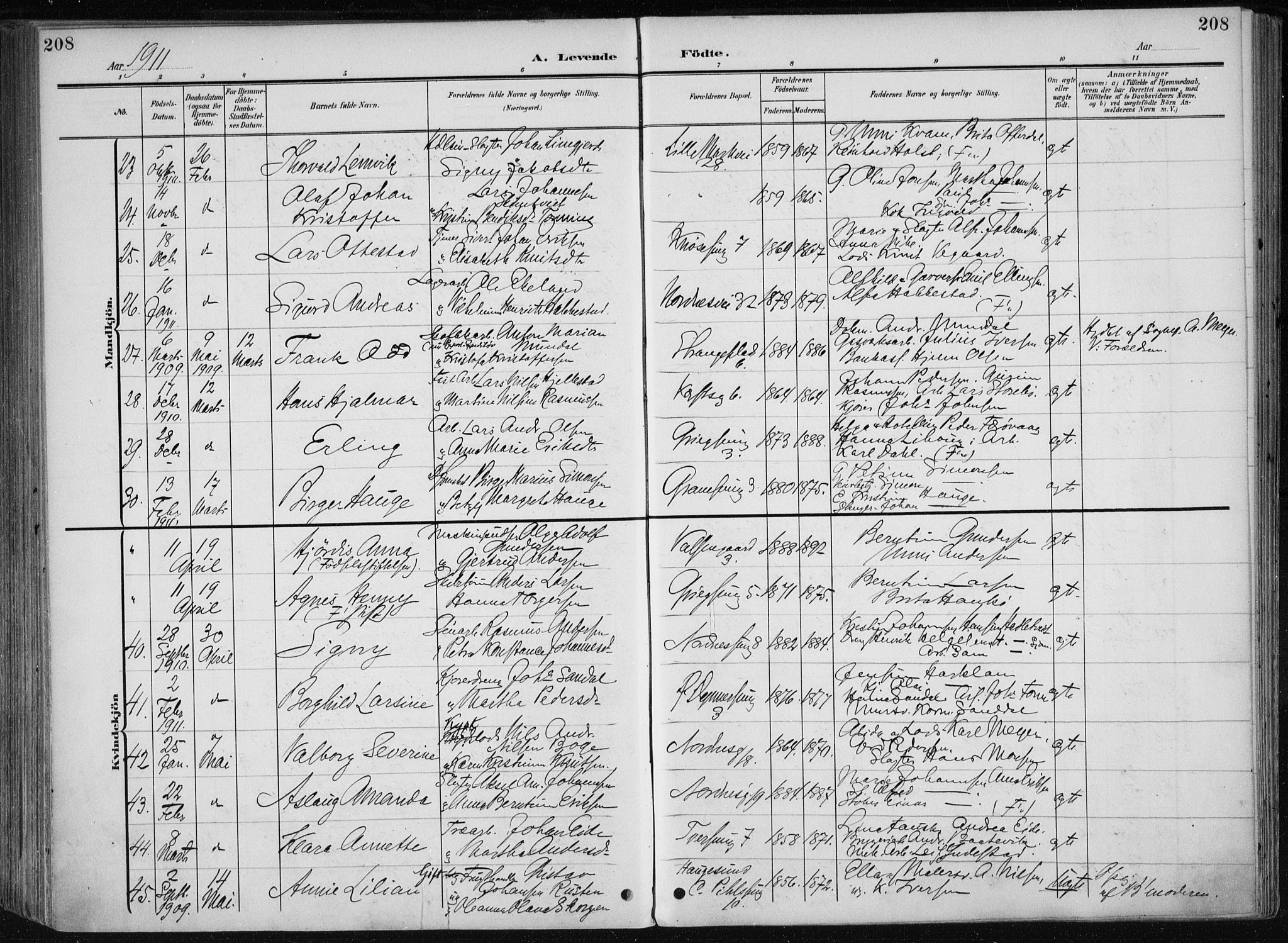 Nykirken Sokneprestembete, AV/SAB-A-77101/H/Haa/L0019: Parish register (official) no. B 7, 1904-1916, p. 208