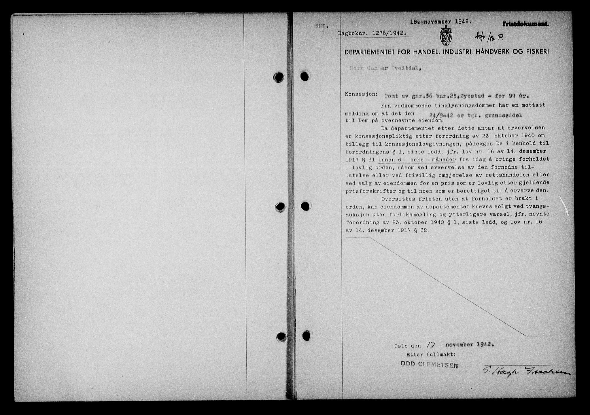 Nedenes sorenskriveri, SAK/1221-0006/G/Gb/Gba/L0050: Mortgage book no. A-IV, 1942-1943, Diary no: : 1276/1942