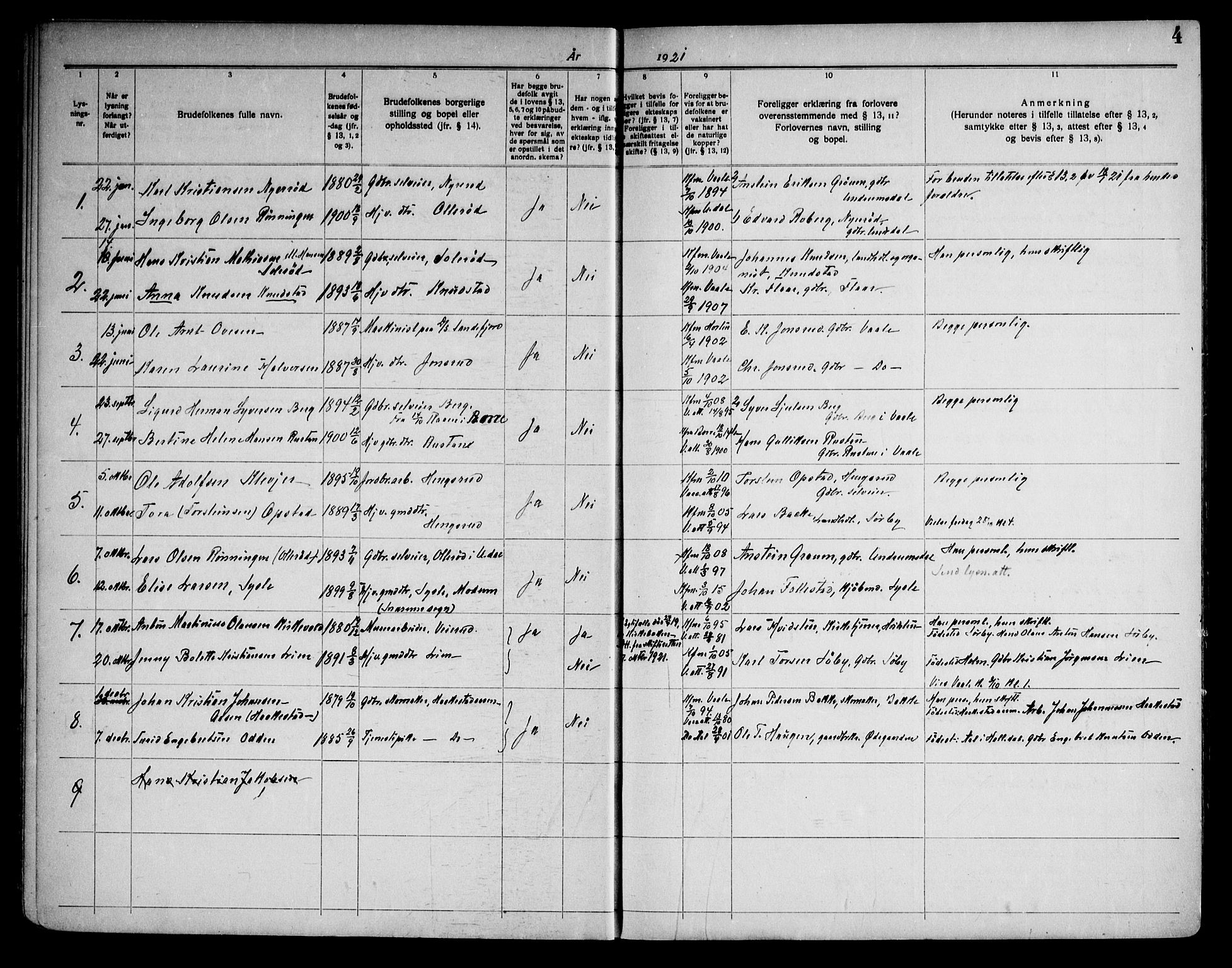 Våle kirkebøker, AV/SAKO-A-334/H/Ha/L0002: Banns register no. 2, 1919-1962, p. 4